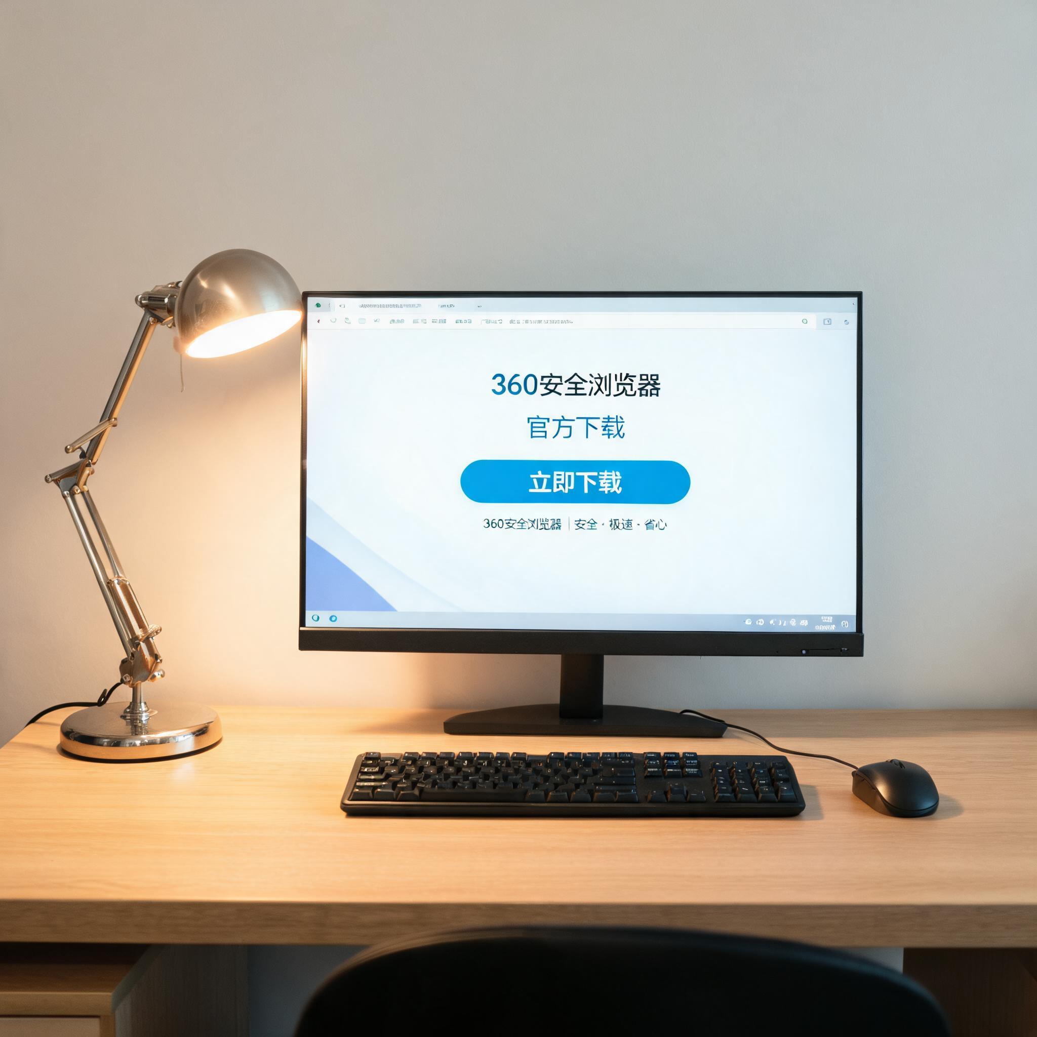 电脑桌上的电脑，屏幕显示360安全浏览器下载界面，旁边放着台灯