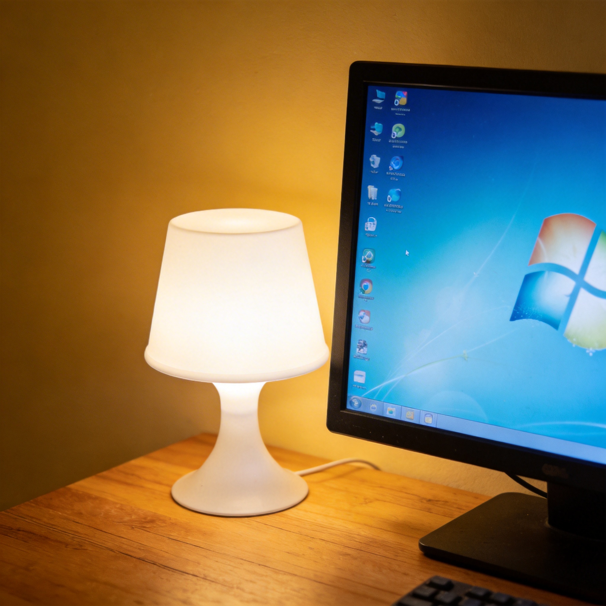 电脑桌上的电脑，屏幕显示Windows桌面，旁边放着台灯