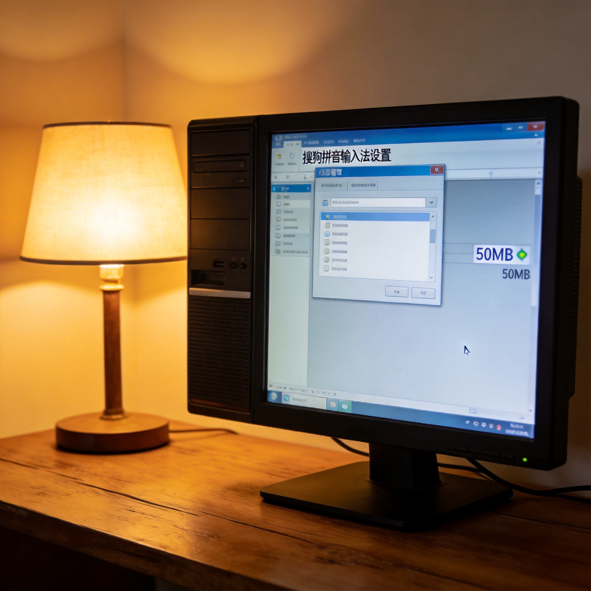 桌面的台式电脑，屏幕显示搜狗拼音设置界面，后台内存占用显示50MB，旁边摆着台灯，台灯暖光