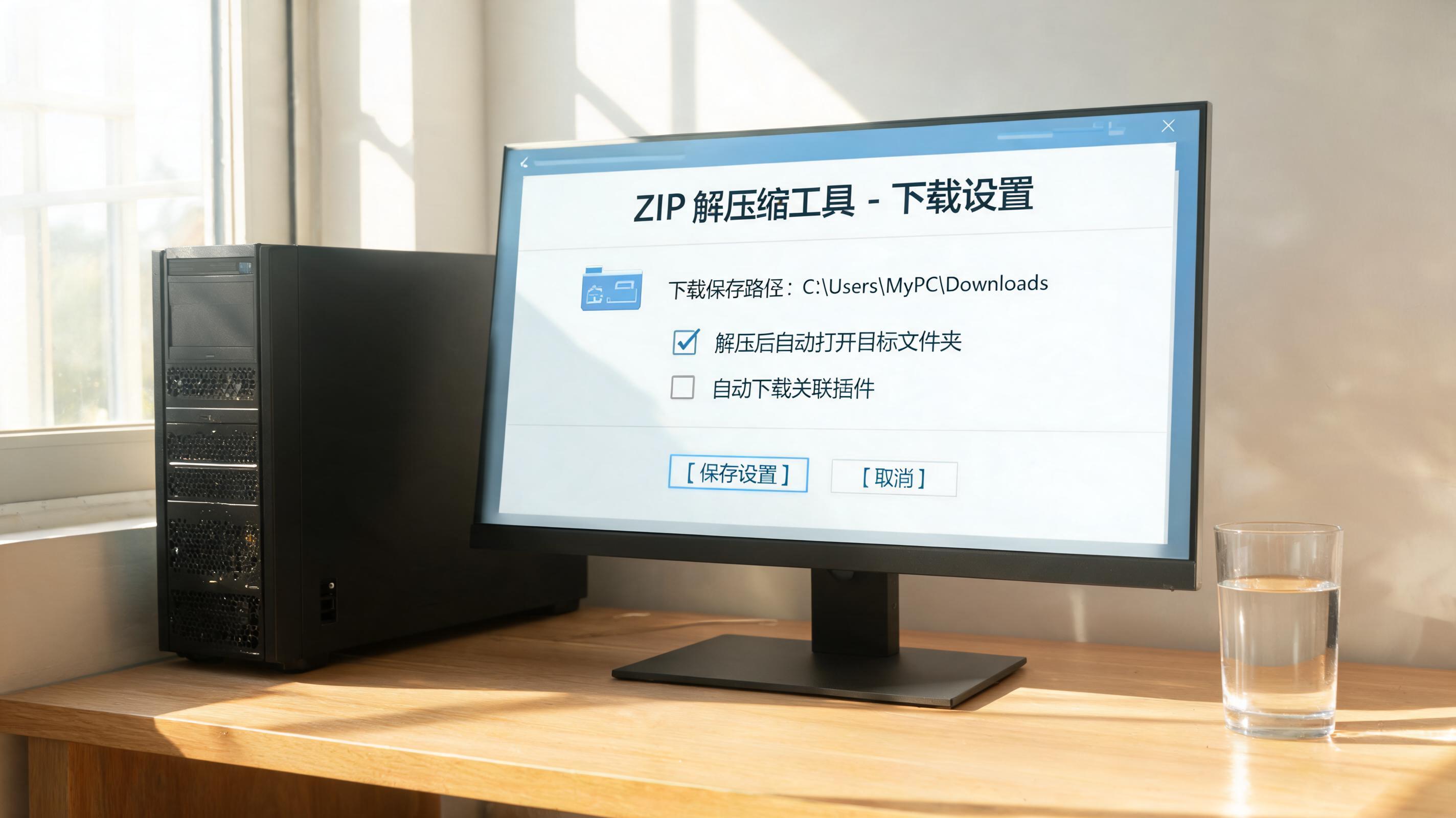 书桌上的主机，屏幕显示zip 解压缩工具下载设置界面，桌角放着水杯，自然光
