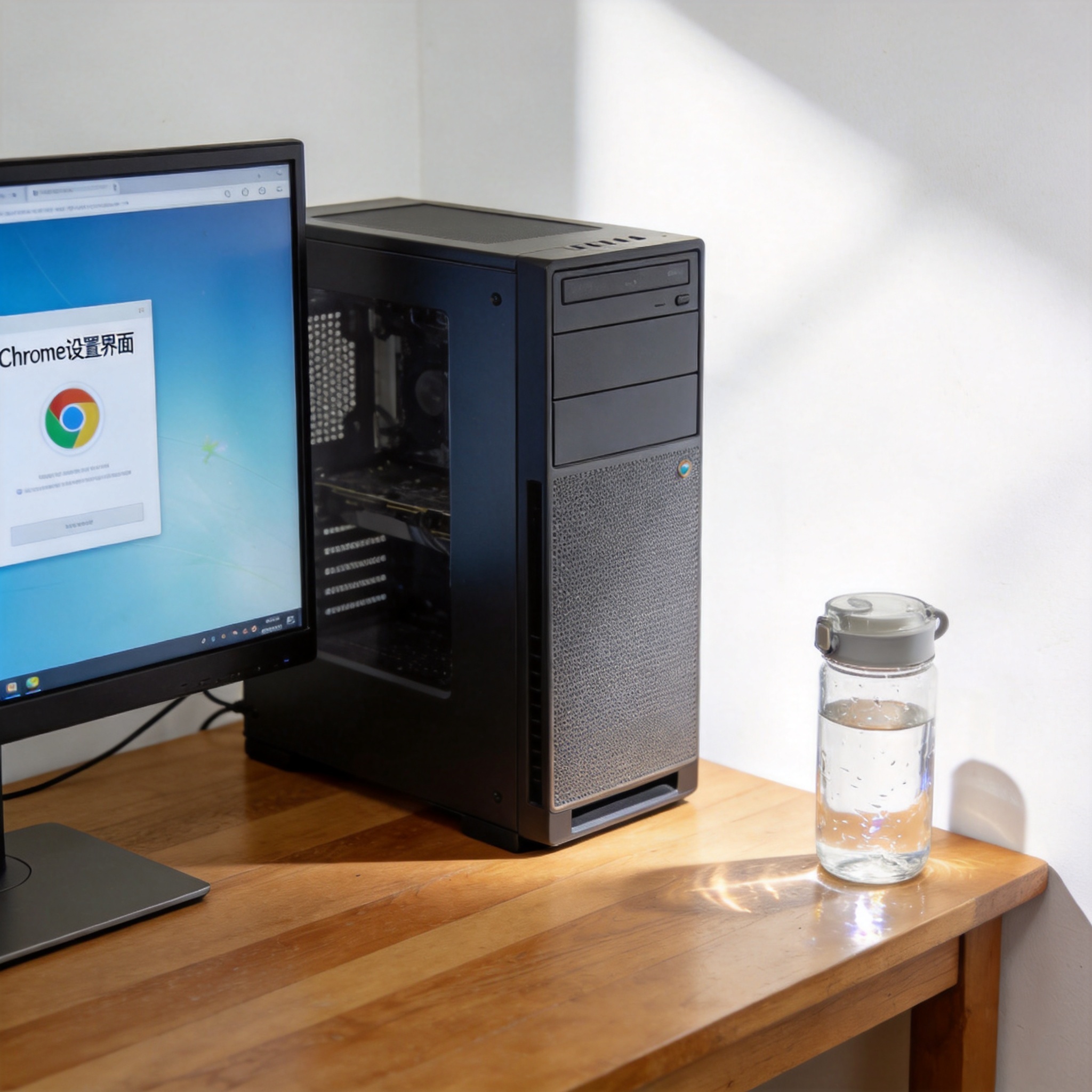书桌上的主机，屏幕显示Chrome设置界面，桌角放着水杯，自然光