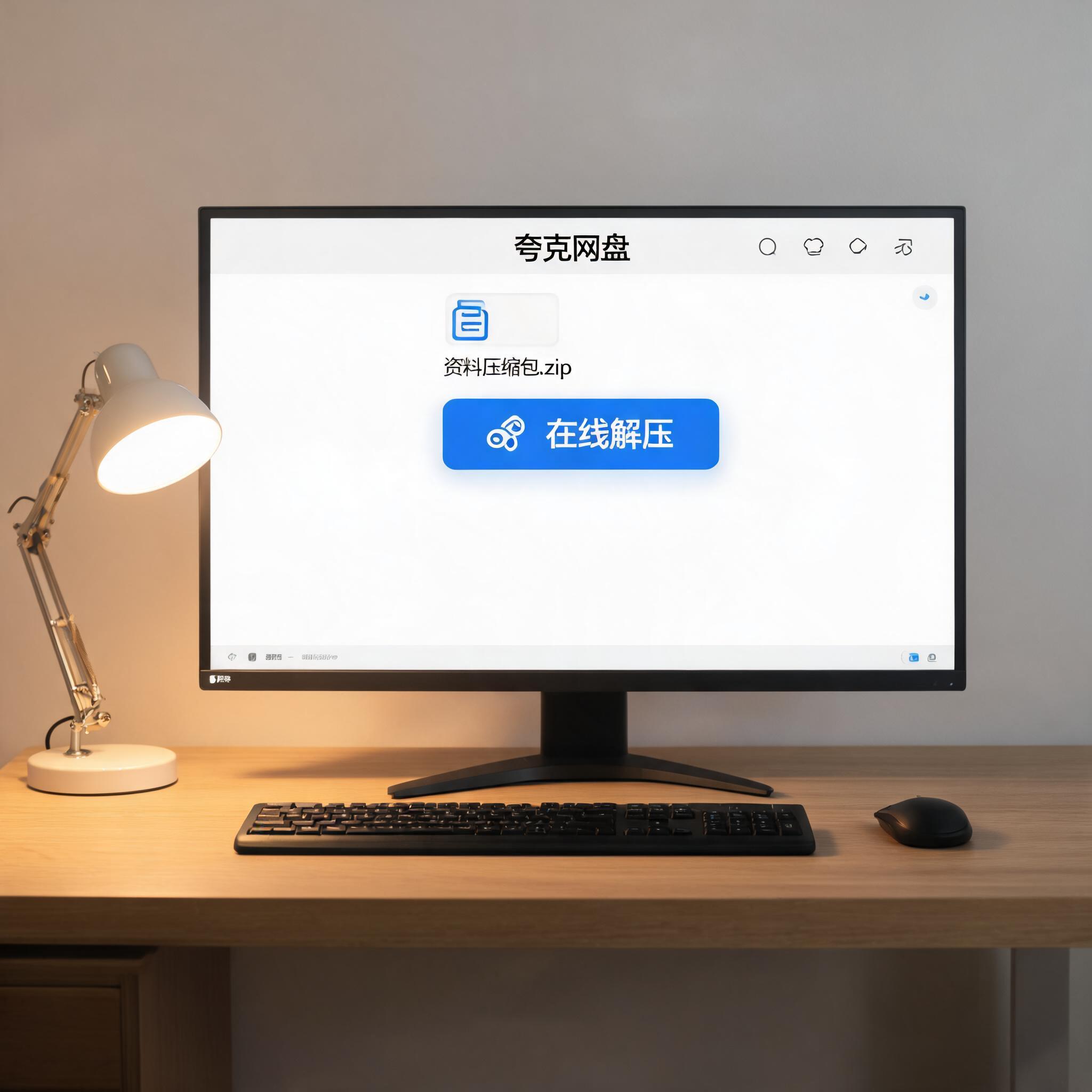 电脑桌上的电脑，屏幕显示夸克网盘文件在线解压菜单，旁边放着台灯