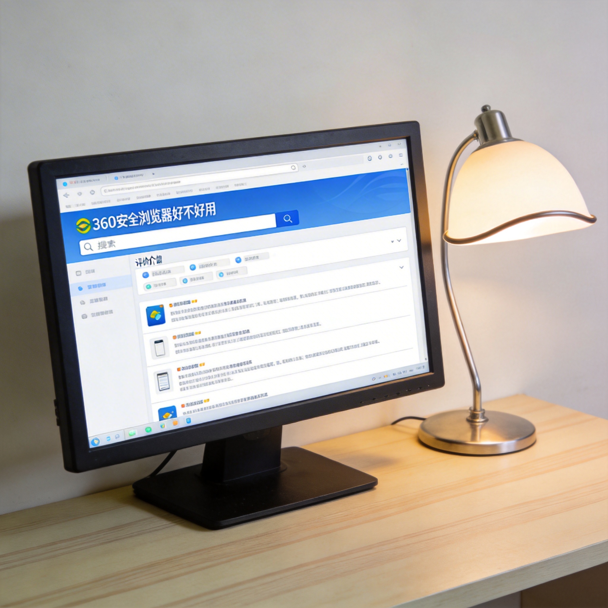 电脑桌上的电脑，屏幕显示360 安全浏览器好不好用界面，旁边放着台灯