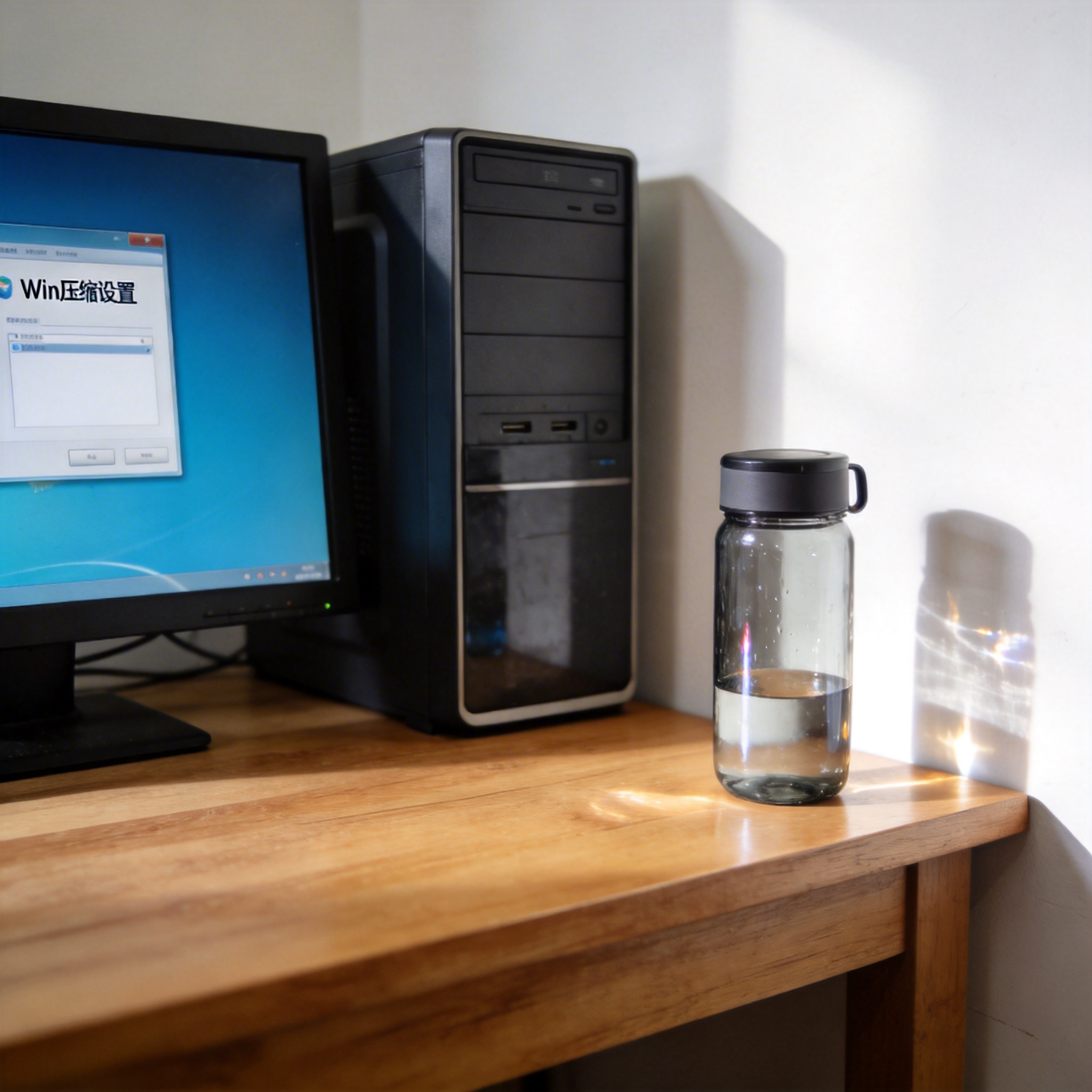 书桌上的主机，屏幕显示win压缩设置界面，桌角放着水杯，自然光