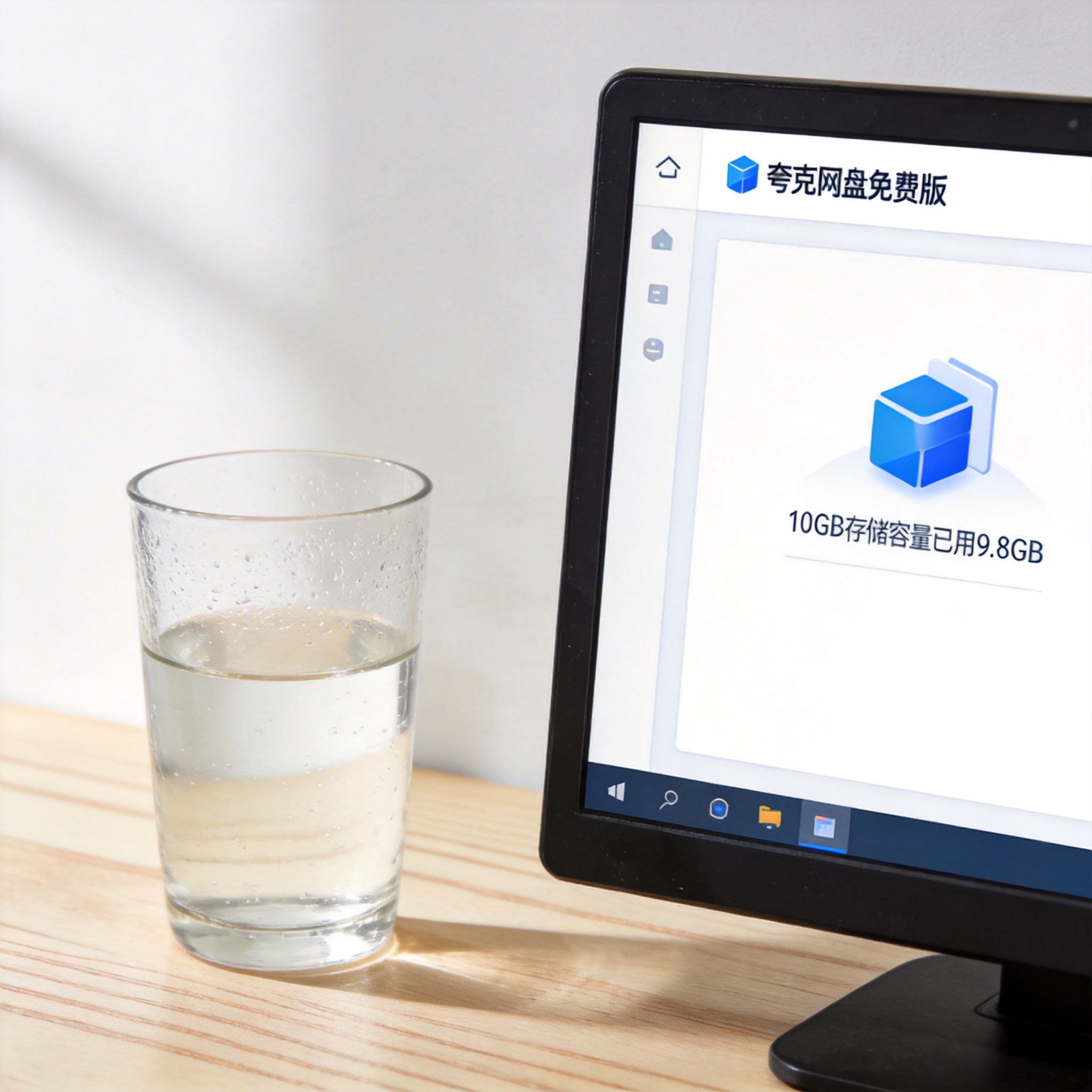 电脑桌的电脑屏幕显示夸克网盘免费版界面，页面显示10GB存储容量已用9.8GB，旁边放着半杯凉白开，室内自然光