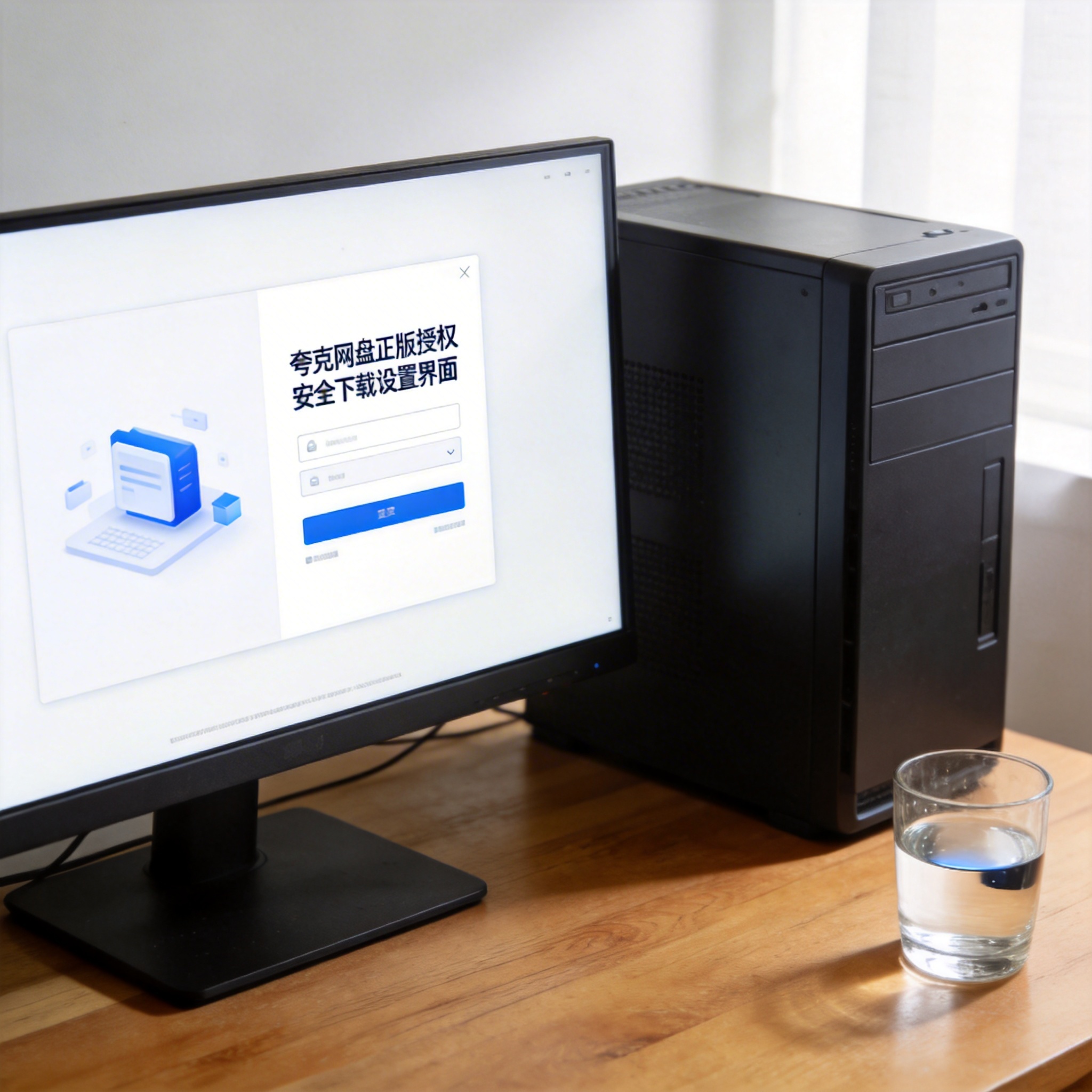 书桌上的主机，屏幕显示夸克网盘正版授权安全下载设置界面，桌角放着水杯，自然光