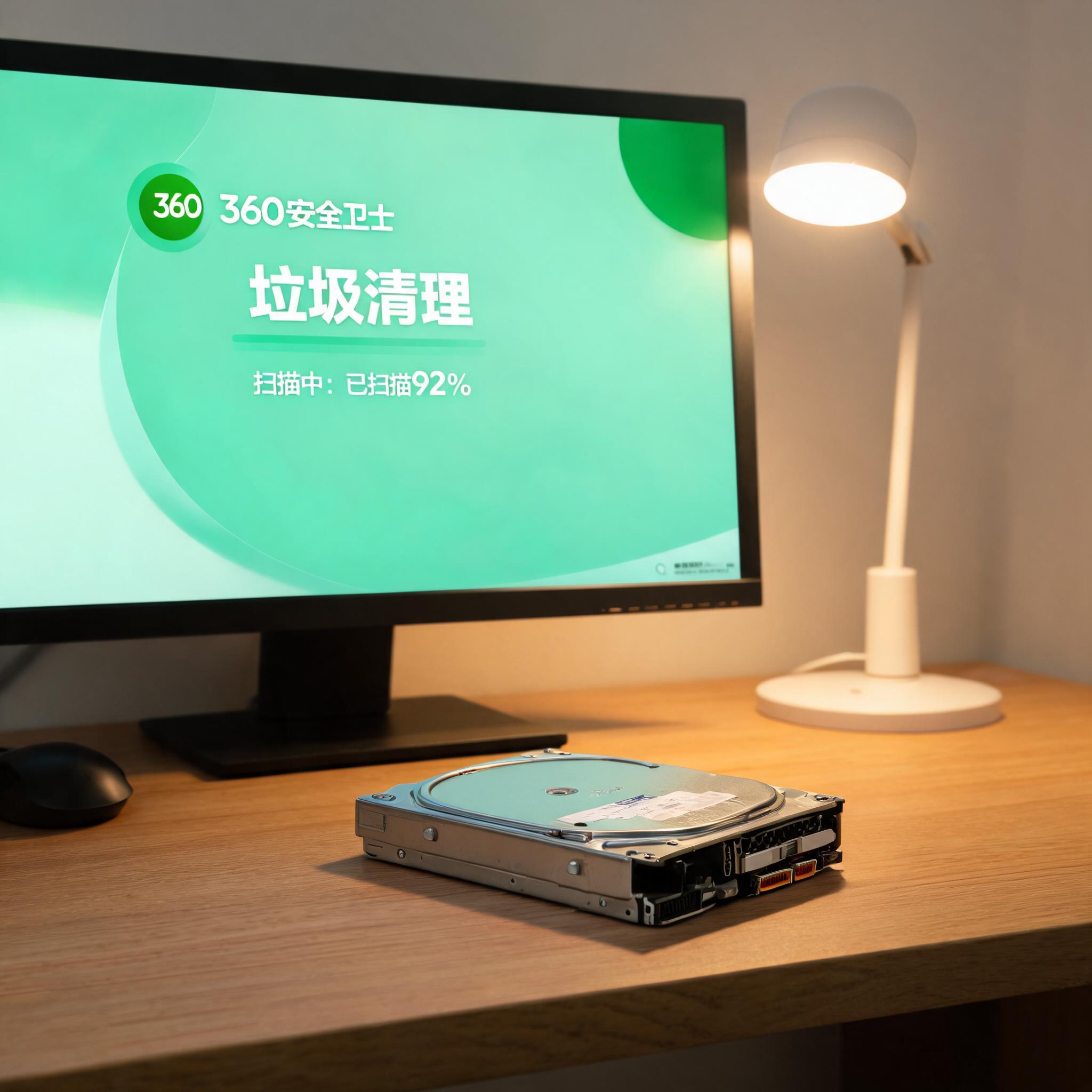电脑桌上的硬盘，屏幕显示360 安全卫士垃圾清理界面，旁边放着台灯