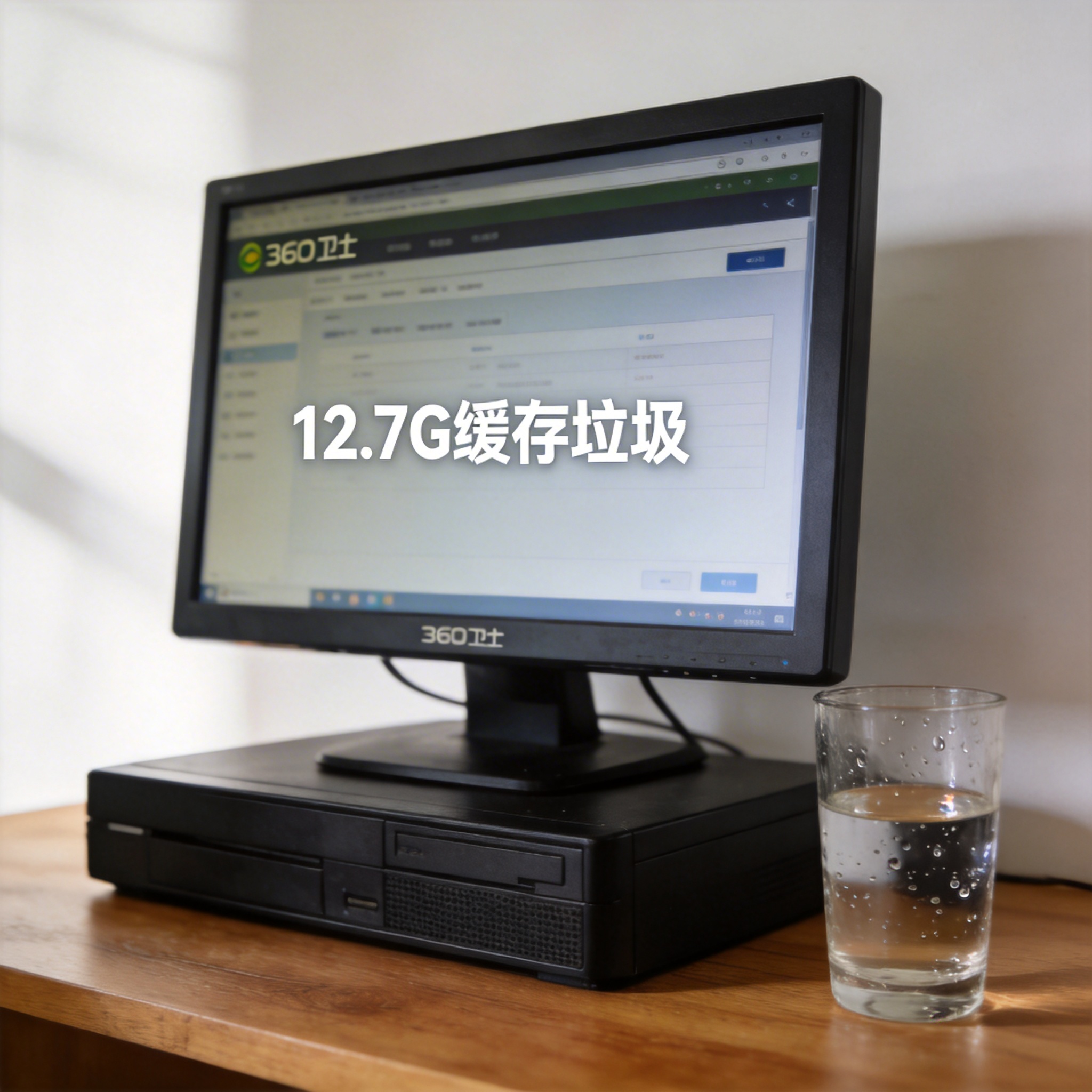 电脑桌上的台式机，屏幕显示360卫士电脑体检结果界面，标注出12.7G缓存垃圾，旁边放着水杯，室内自然光