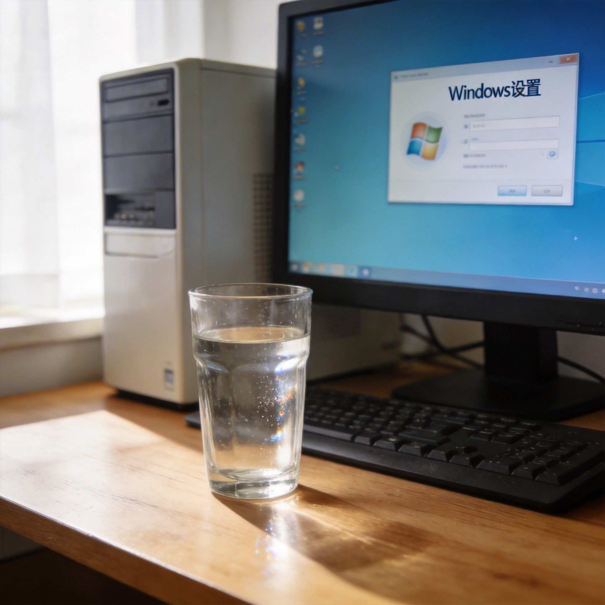 书桌上的主机，屏幕显示Windows设置界面，桌角放着水杯，自然光