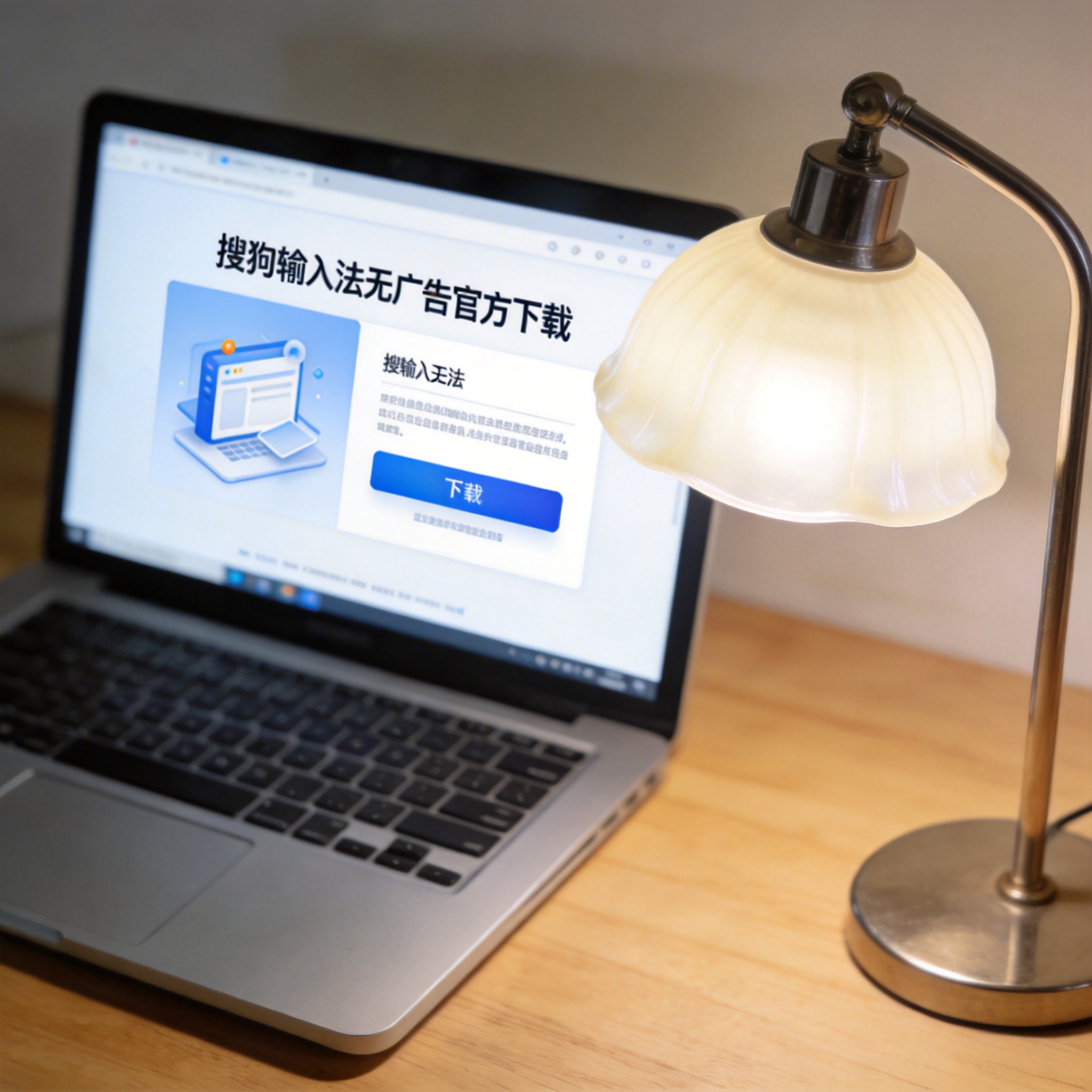 电脑桌上的电脑，屏幕显示搜狗输入法无广告官方下载界面，旁边放着台灯