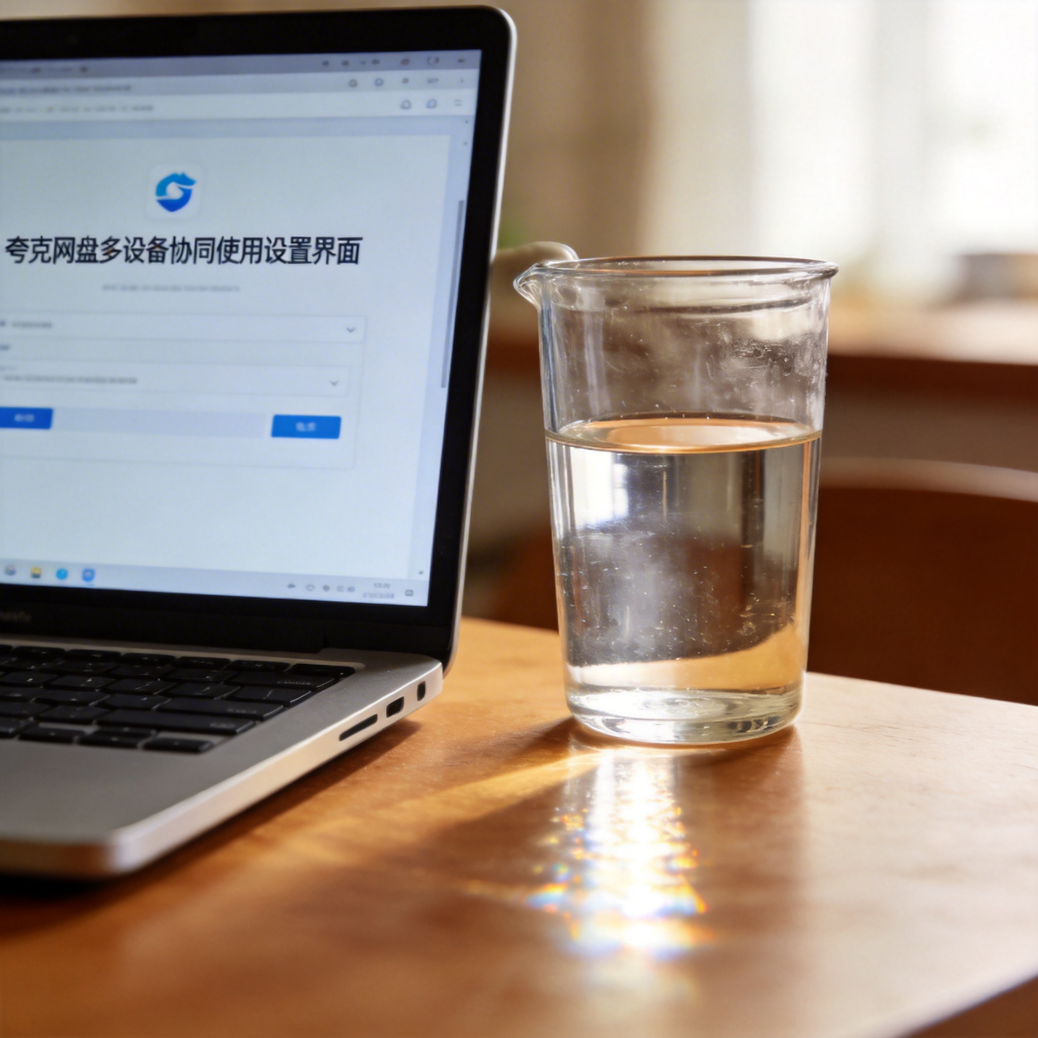 书桌上的笔记本，屏幕显示夸克网盘多设备协同使用设置界面，桌角放着水杯，自然光