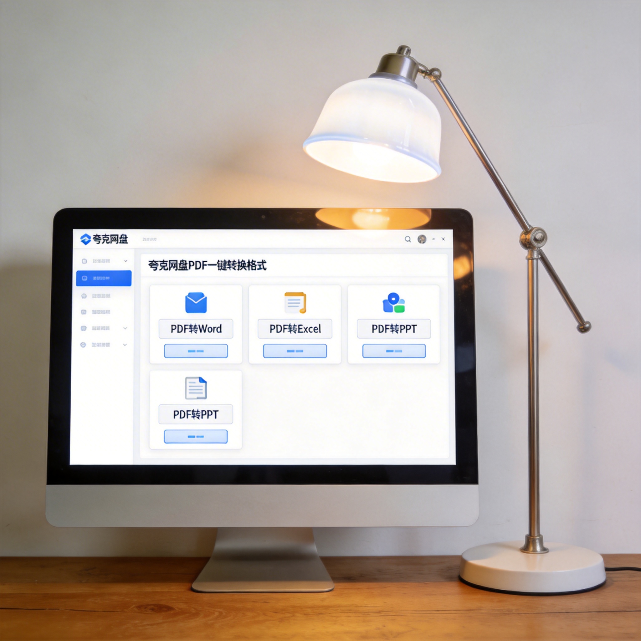 电脑桌上的电脑，屏幕显示夸克网盘 PDF 一键转换格式菜单，旁边放着台灯