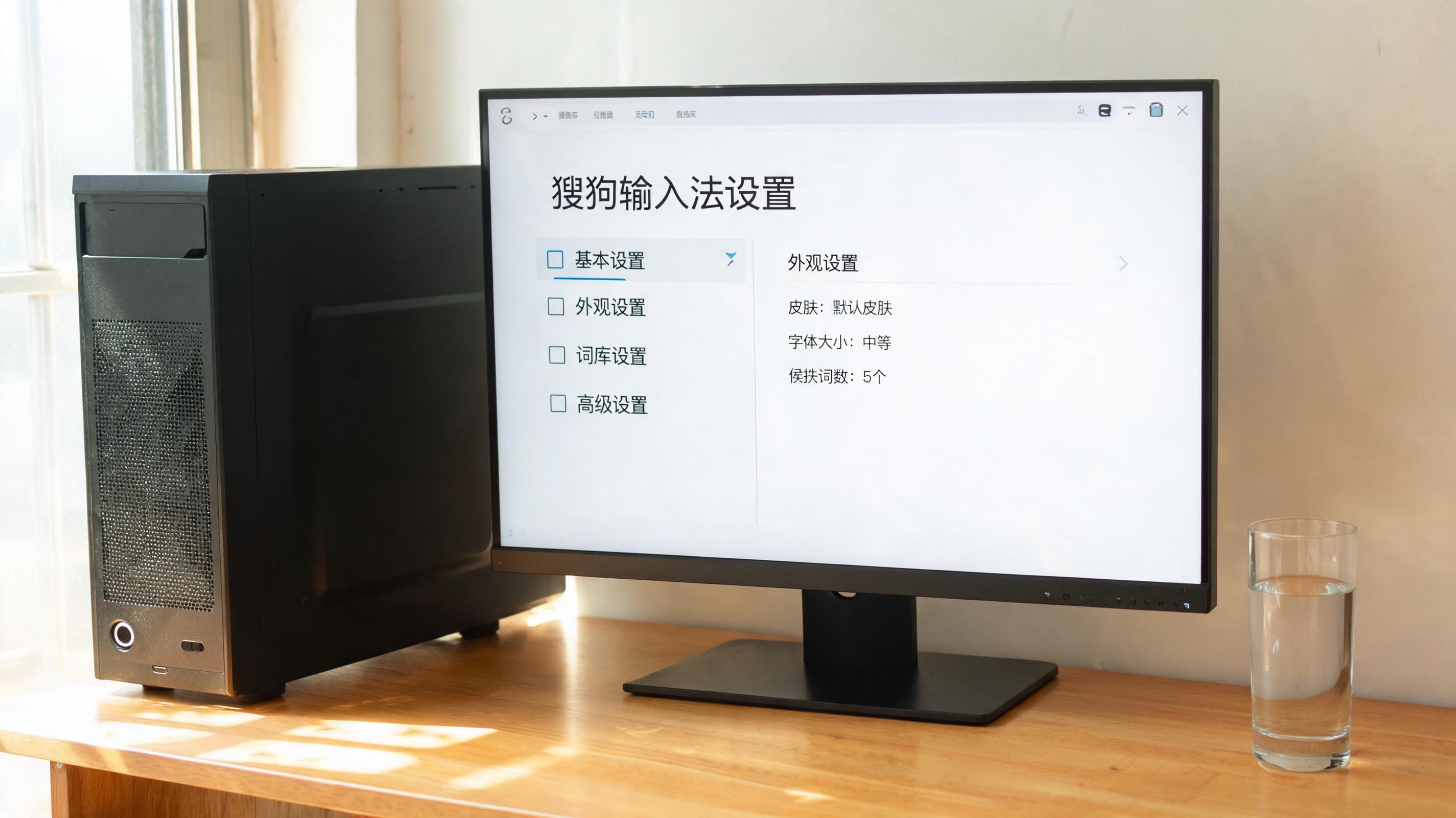 书桌上的主机，屏幕显示搜狗设置界面，桌角放着水杯，自然光