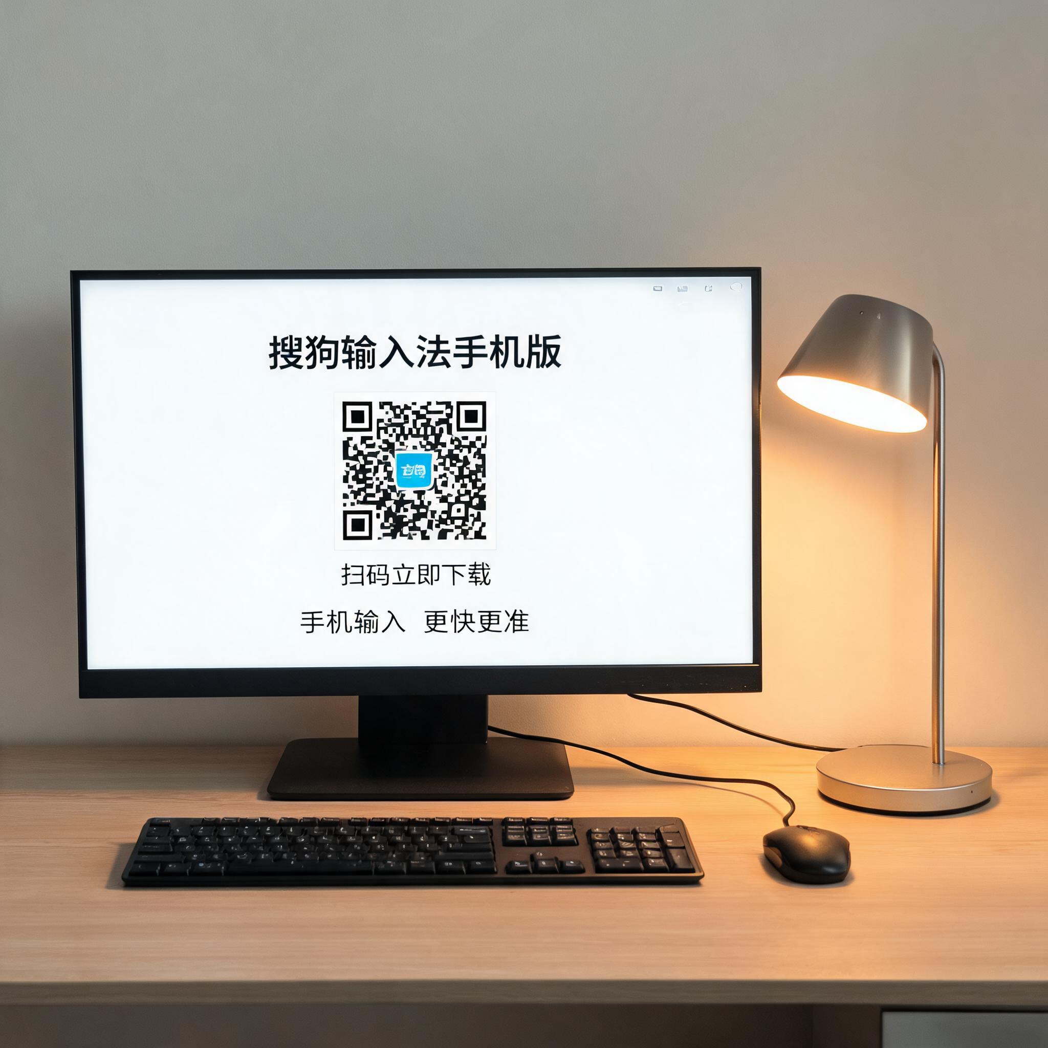 电脑桌上的电脑，屏幕显示搜狗输入法手机版下载界面，旁边放着台灯