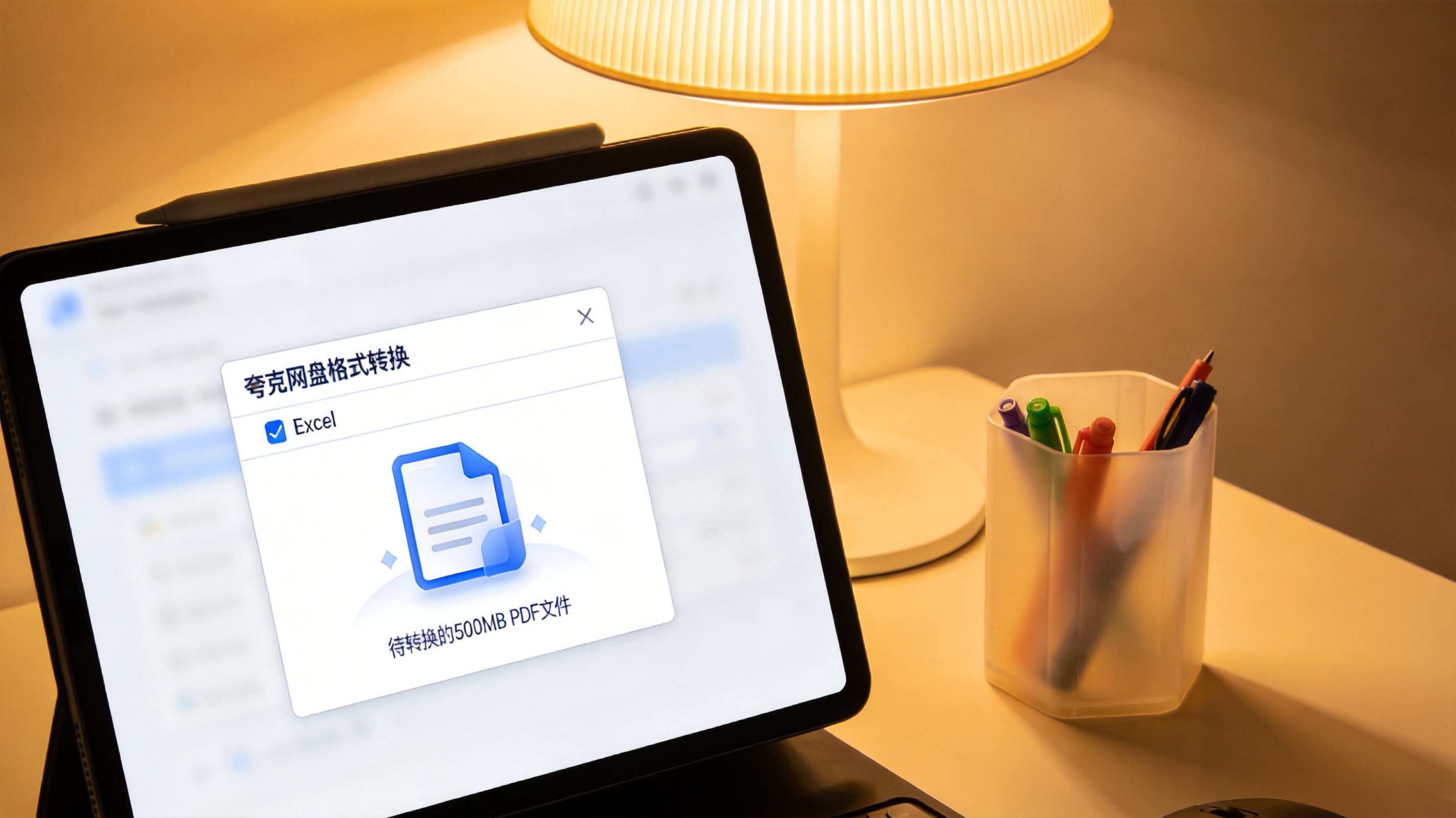 电脑屏幕显示夸克网盘格式转换窗口，已选中Excel转换格式，下方显示待转换的500MB PDF文件，旁边的桌面有个塑料笔筒，台灯暖光