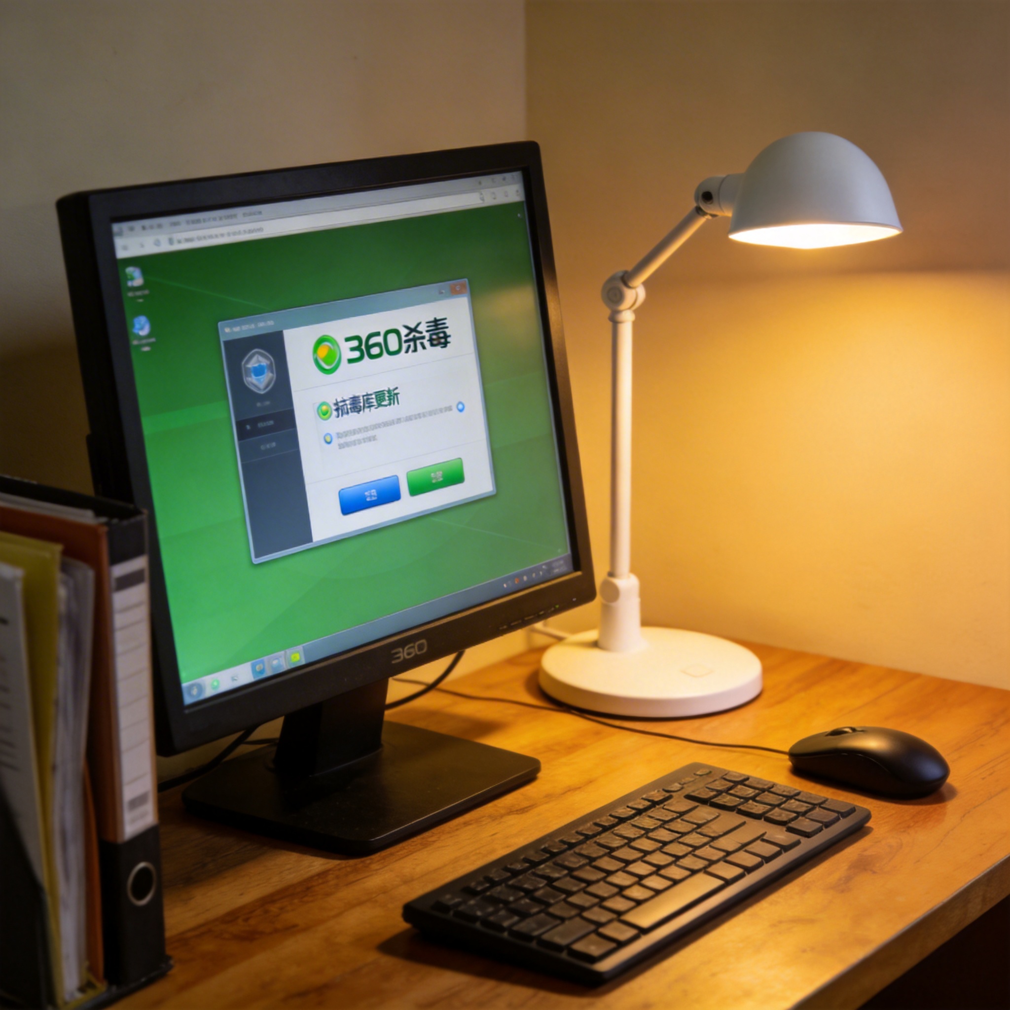 电脑桌上的电脑，屏幕显示360 杀毒电脑客户端界面，旁边放着台灯