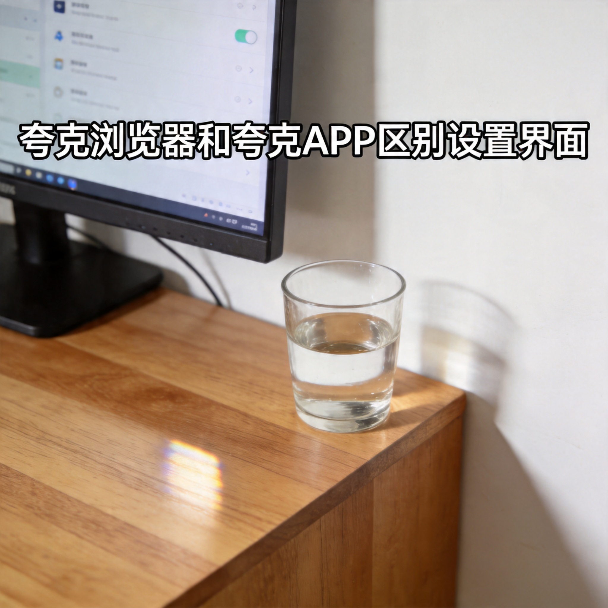 书桌上的主机，屏幕显示夸克浏览器和夸克 APP 区别设置界面，桌角放着水杯，自然光