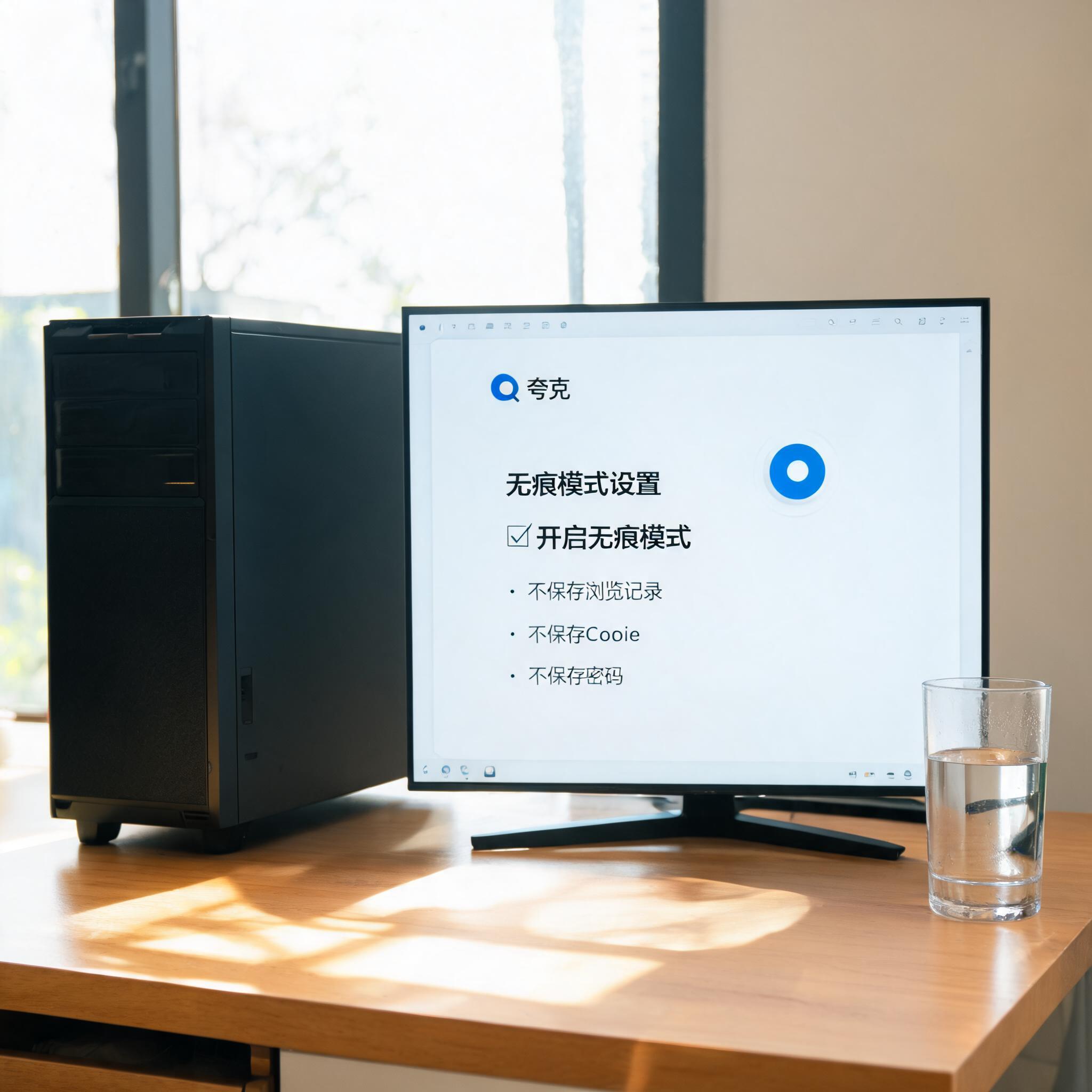 书桌上的主机，屏幕显示夸克浏览器无痕模式开启设置界面，桌角放着水杯，自然光