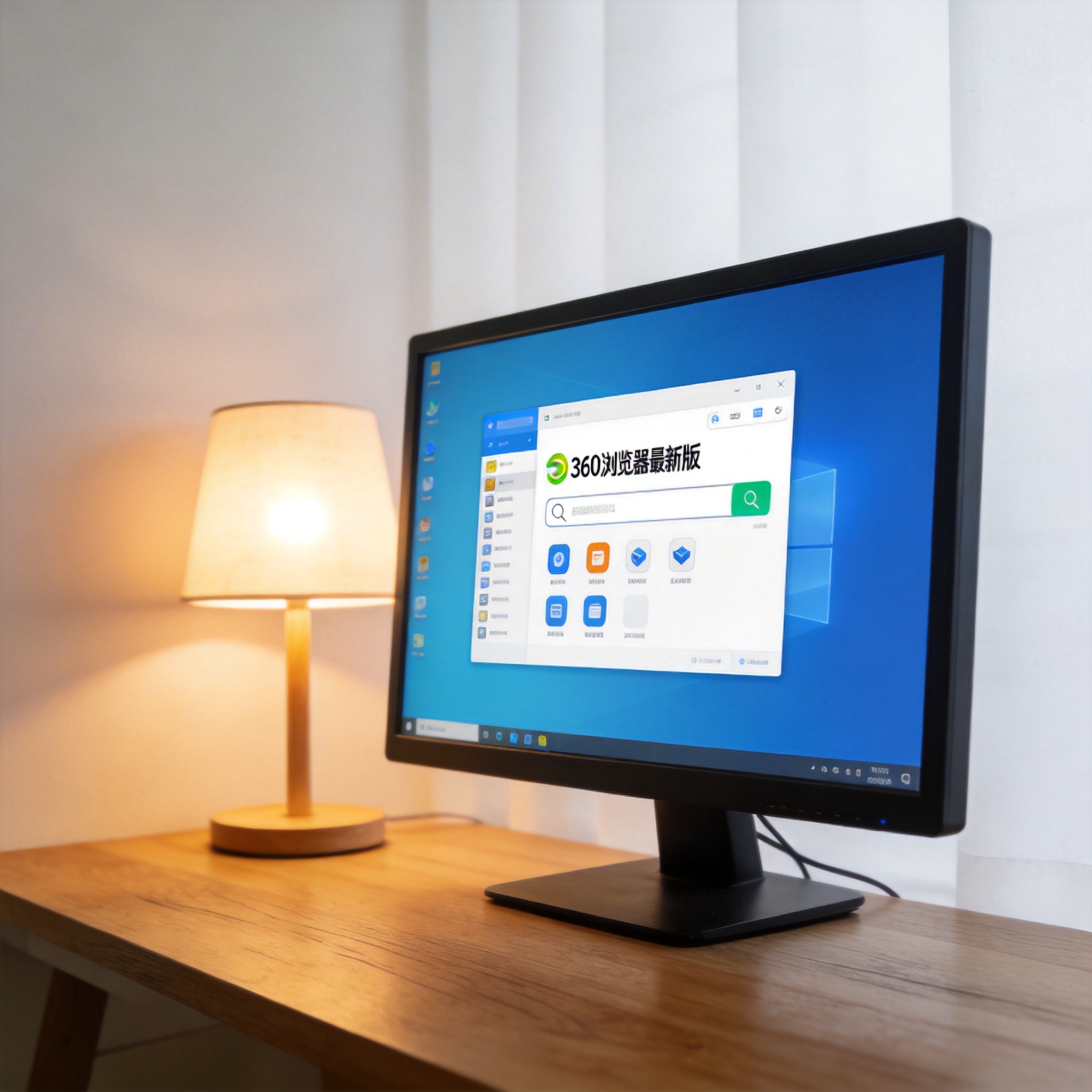电脑桌上的电脑，屏幕显示360 浏览器最新版界面，旁边放着台灯