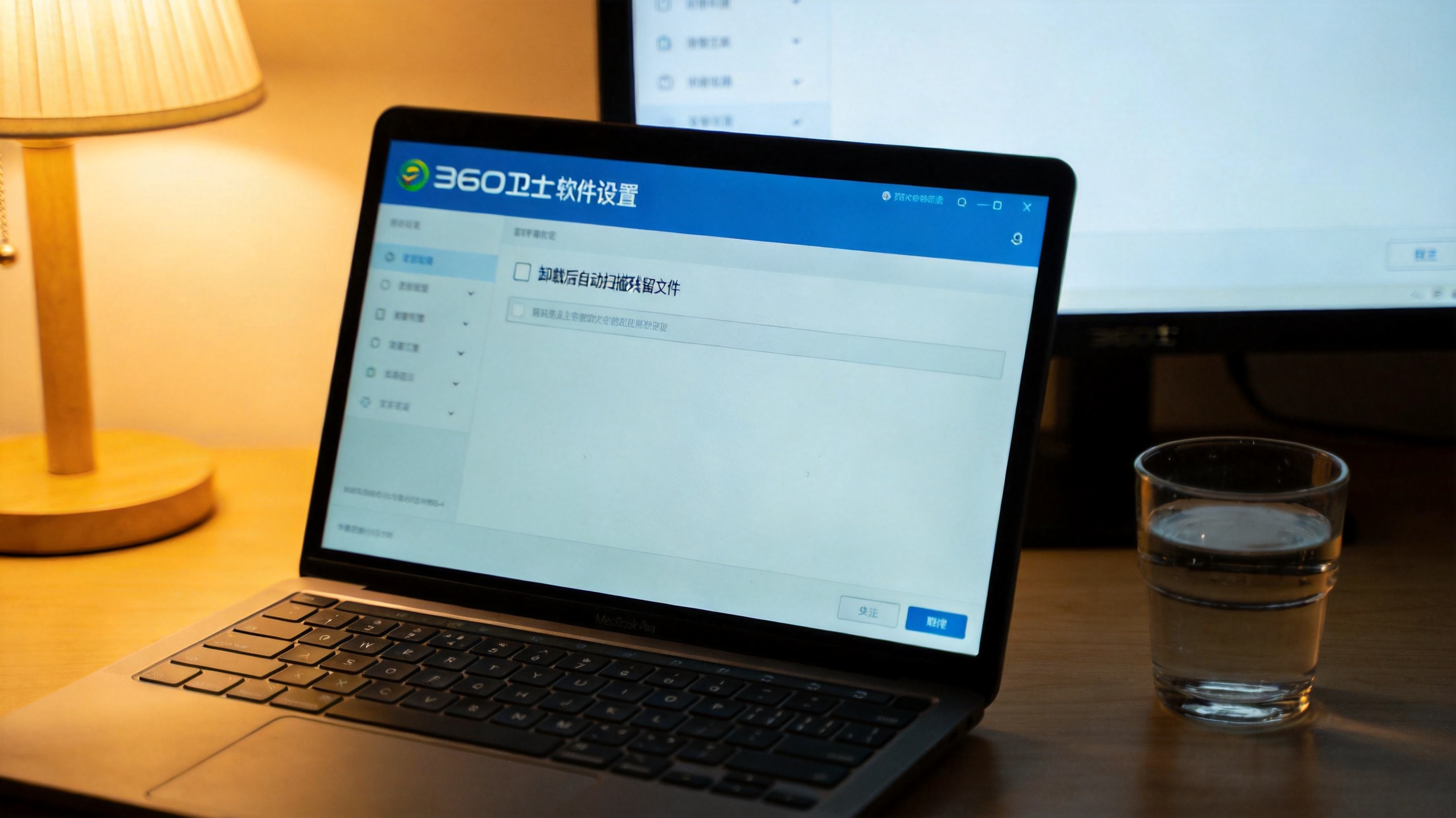电脑桌面，屏幕显示360卫士软件卸载的设置页面，勾选着“卸载后自动扫描残留文件”选项，旁边放着半杯水，台灯暖光