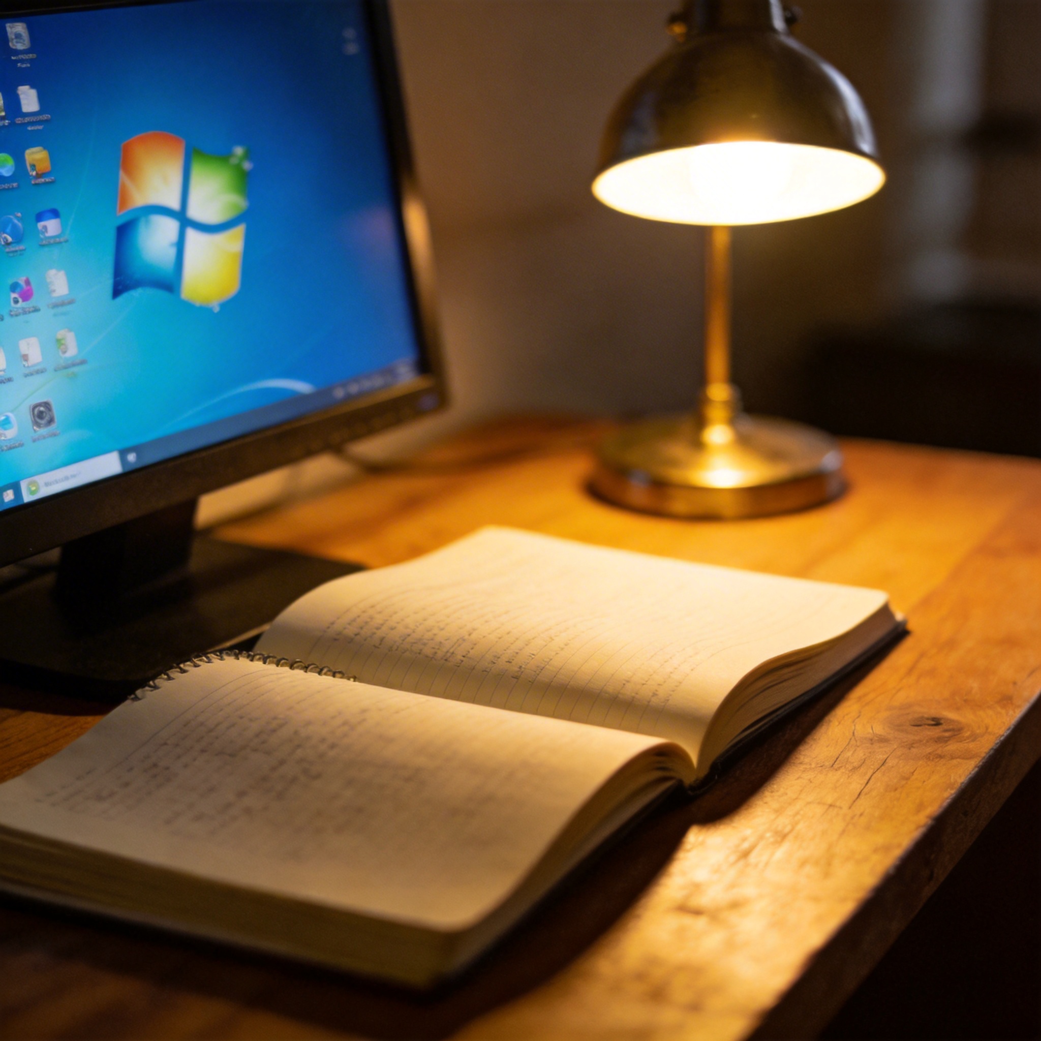 电脑桌上的笔记本，屏幕显示Windows桌面，旁边放着台灯