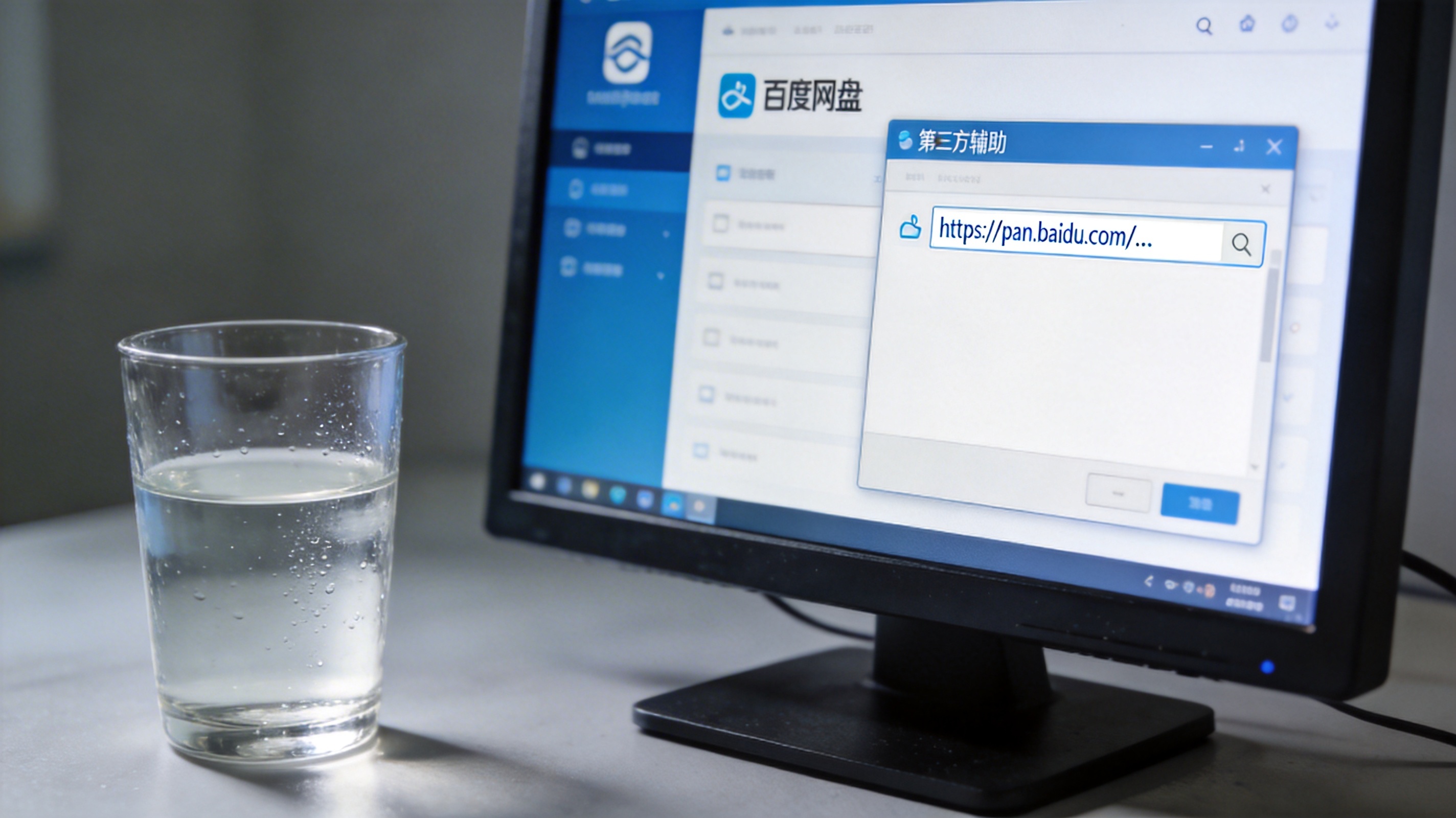 电脑桌面，屏幕显示百度网盘客户端界面，右侧窗口打开第三方辅助工具，输入框里粘贴着文件下载链接，桌面放着半杯凉白开，屏幕光照明