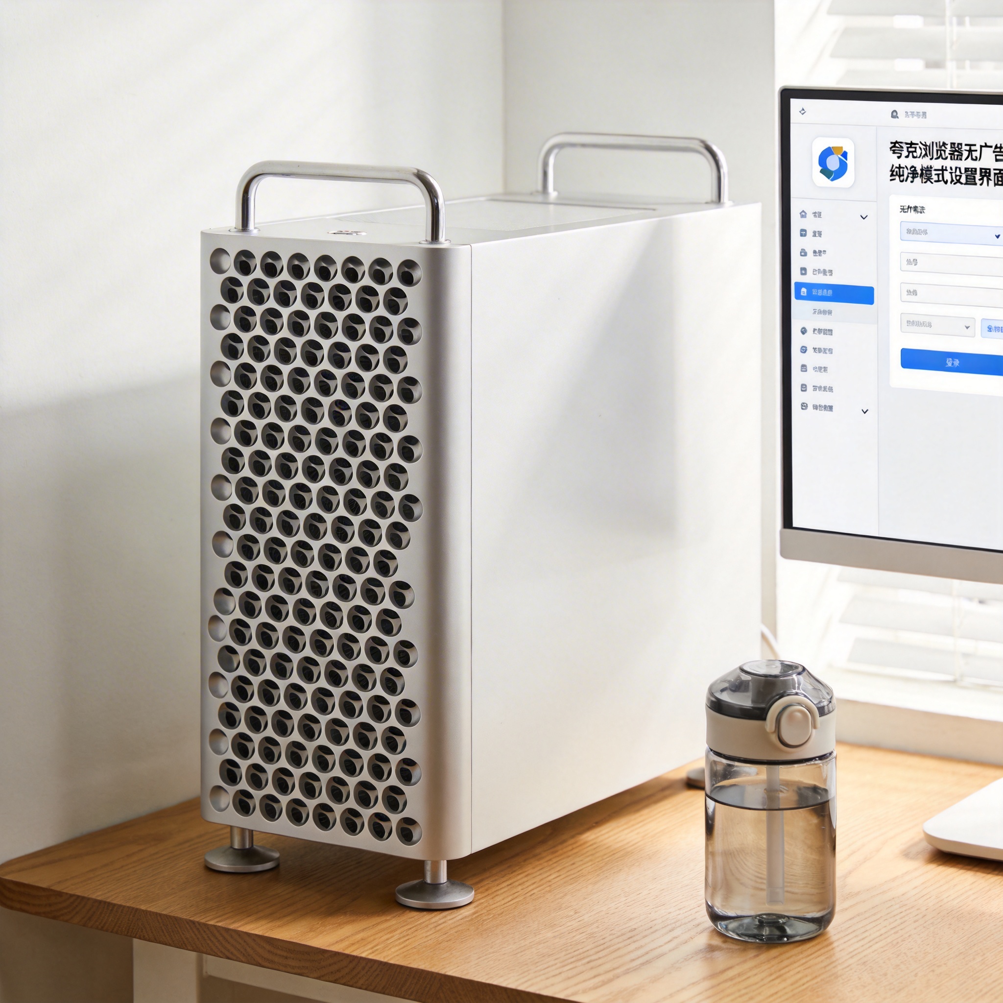 书桌上的主机，屏幕显示夸克浏览器无广告纯净模式设置界面，桌角放着水杯，自然光