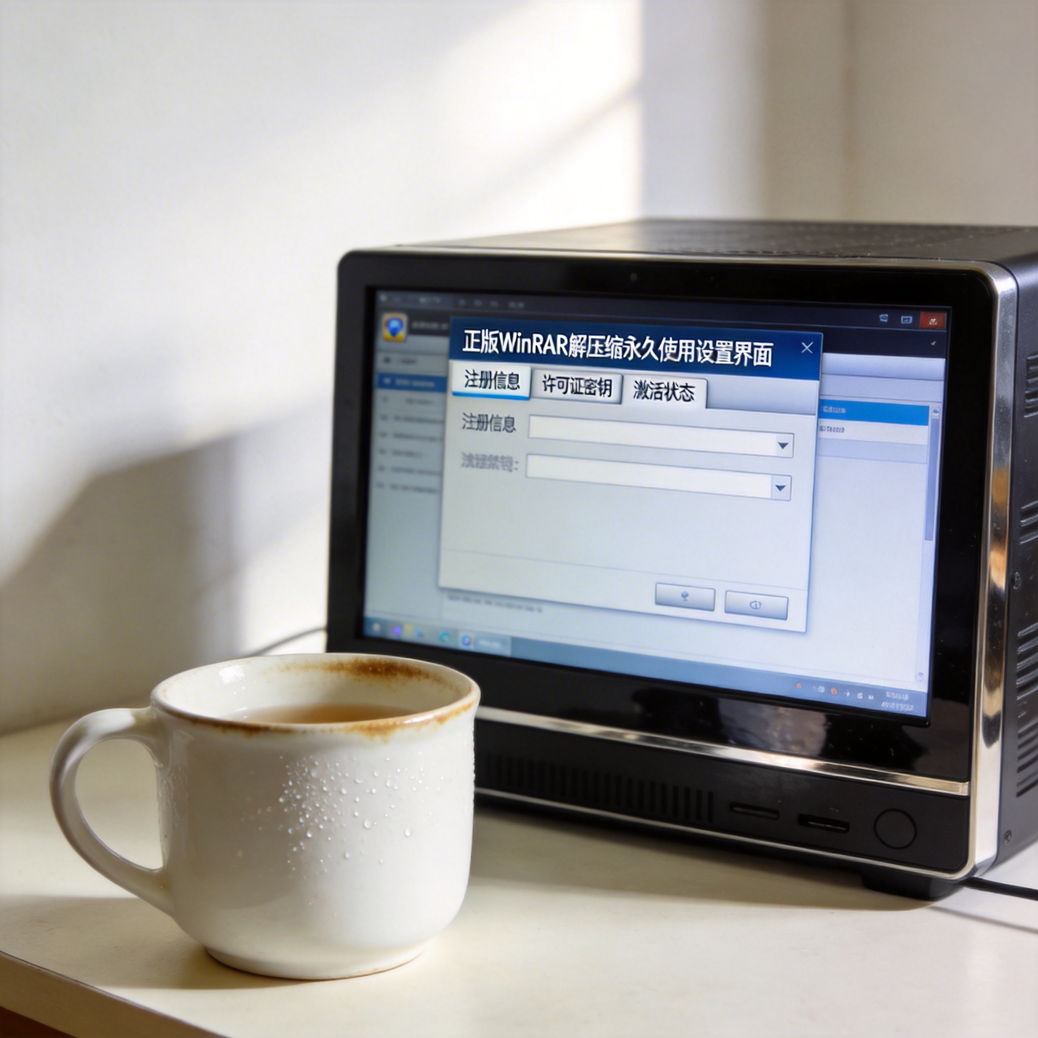 书桌上的主机，屏幕显示正版 winrar 解压缩永久使用设置界面，桌角放着水杯，自然光