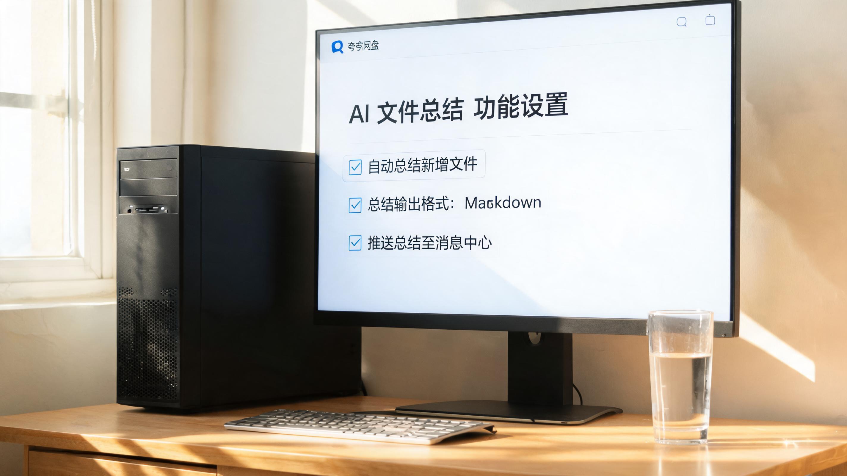 书桌上的主机，屏幕显示夸克网盘 AI 文件总结功能设置界面，桌角放着水杯，自然光