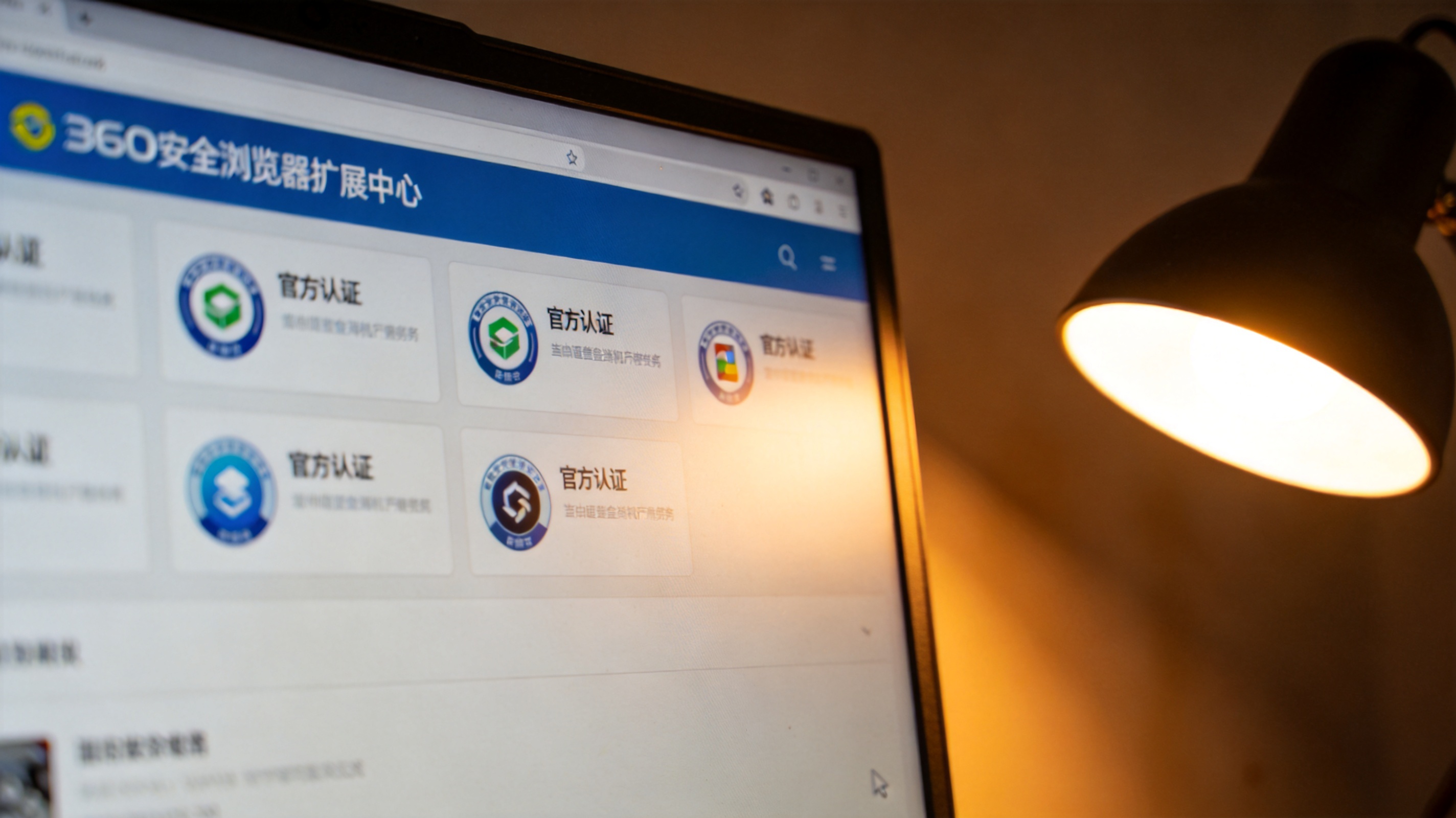 电脑屏幕显示360安全浏览器扩展中心界面，几个官方认证插件列在页面中，旁边的台灯发出暖光