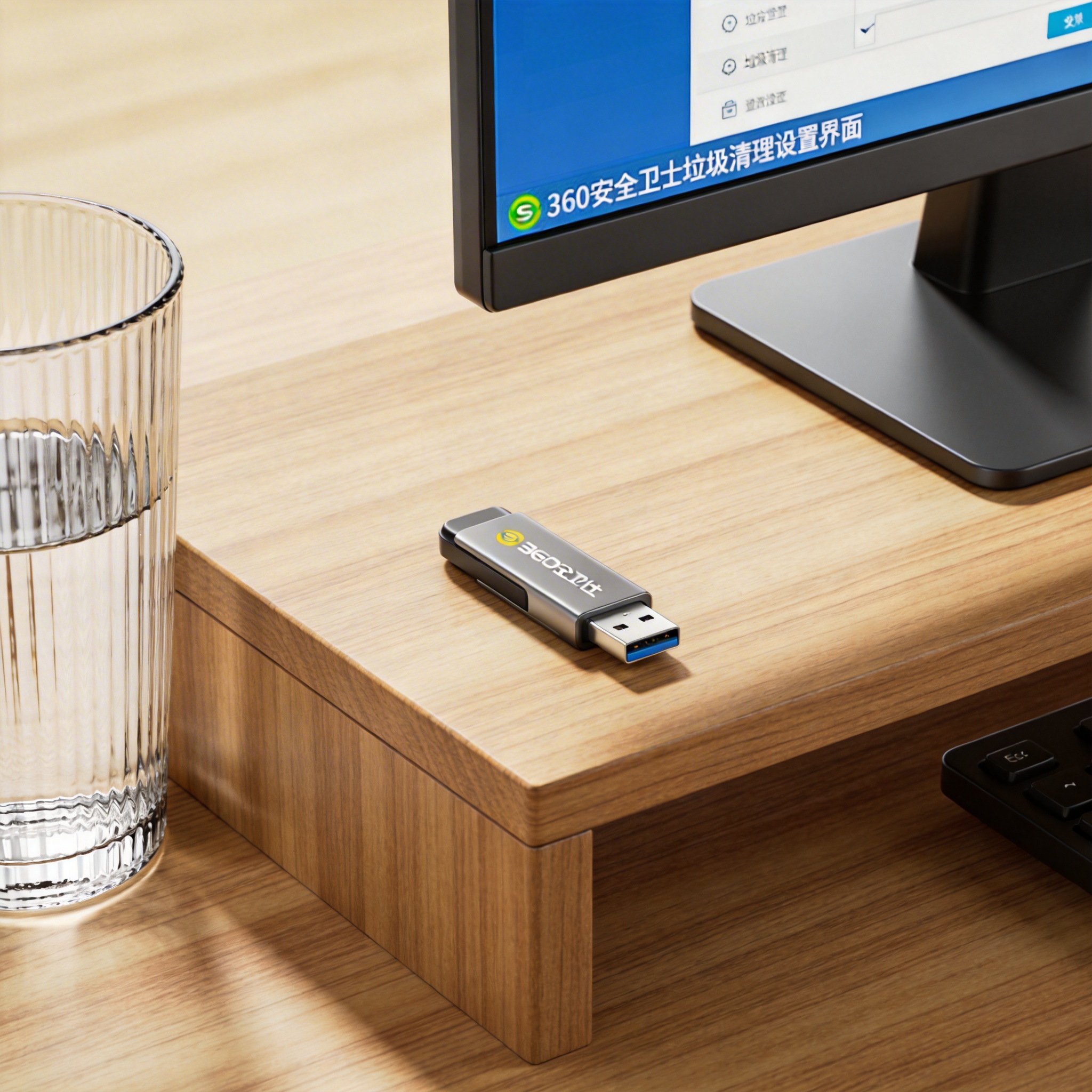 书桌上的U盘，屏幕显示360 安全卫士垃圾清理设置界面，桌角放着水杯，自然光