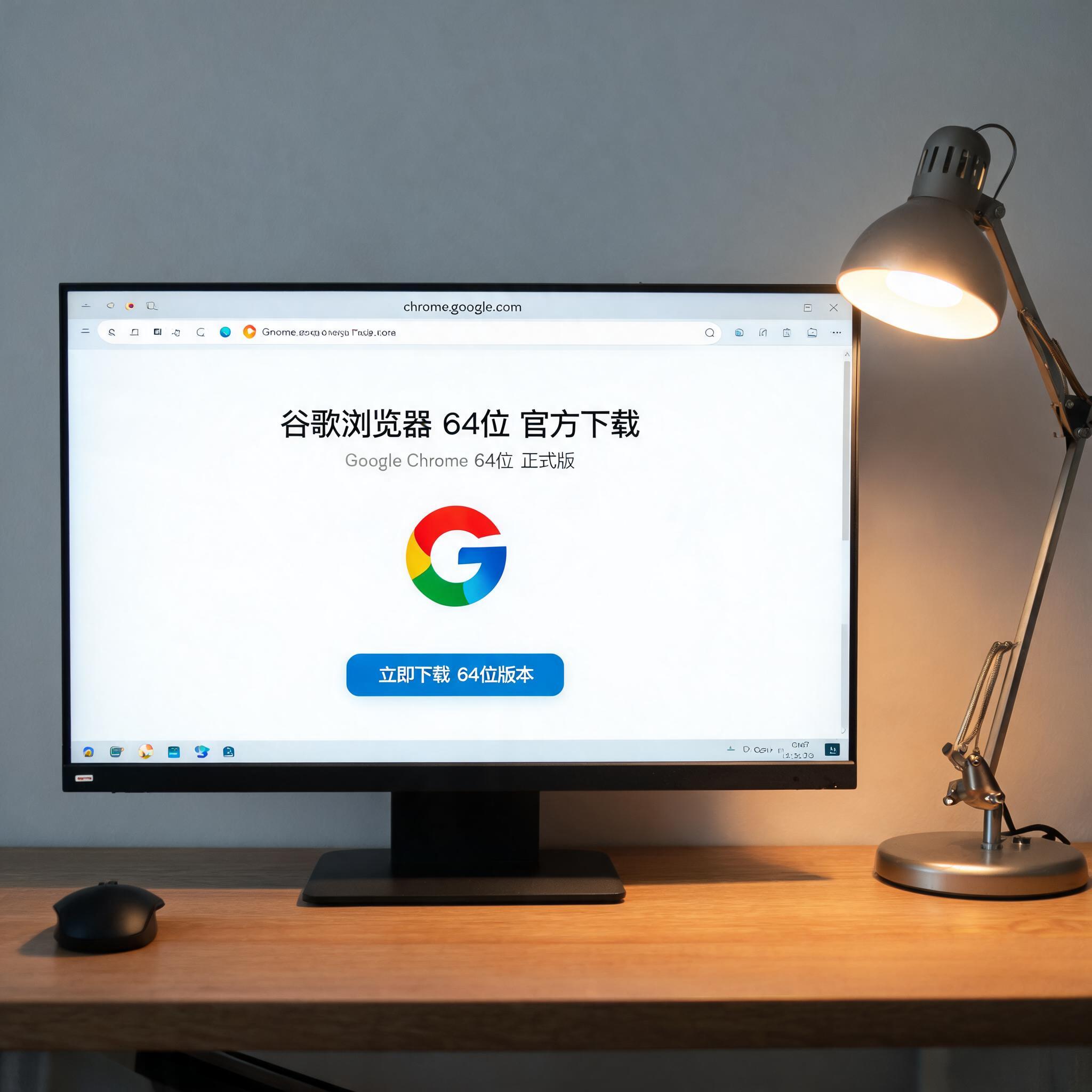 电脑桌上的电脑，屏幕显示guge浏览器电脑版64位下载界面，旁边放着台灯