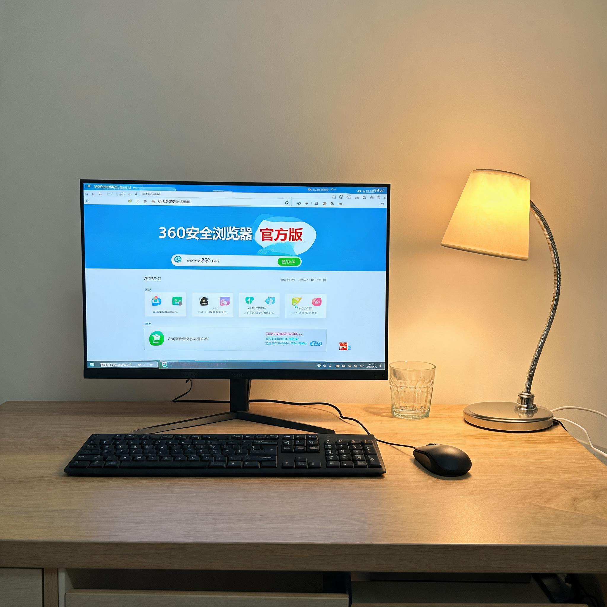 电脑桌上的电脑，屏幕显示360 安全浏览器官方版界面，旁边放着台灯