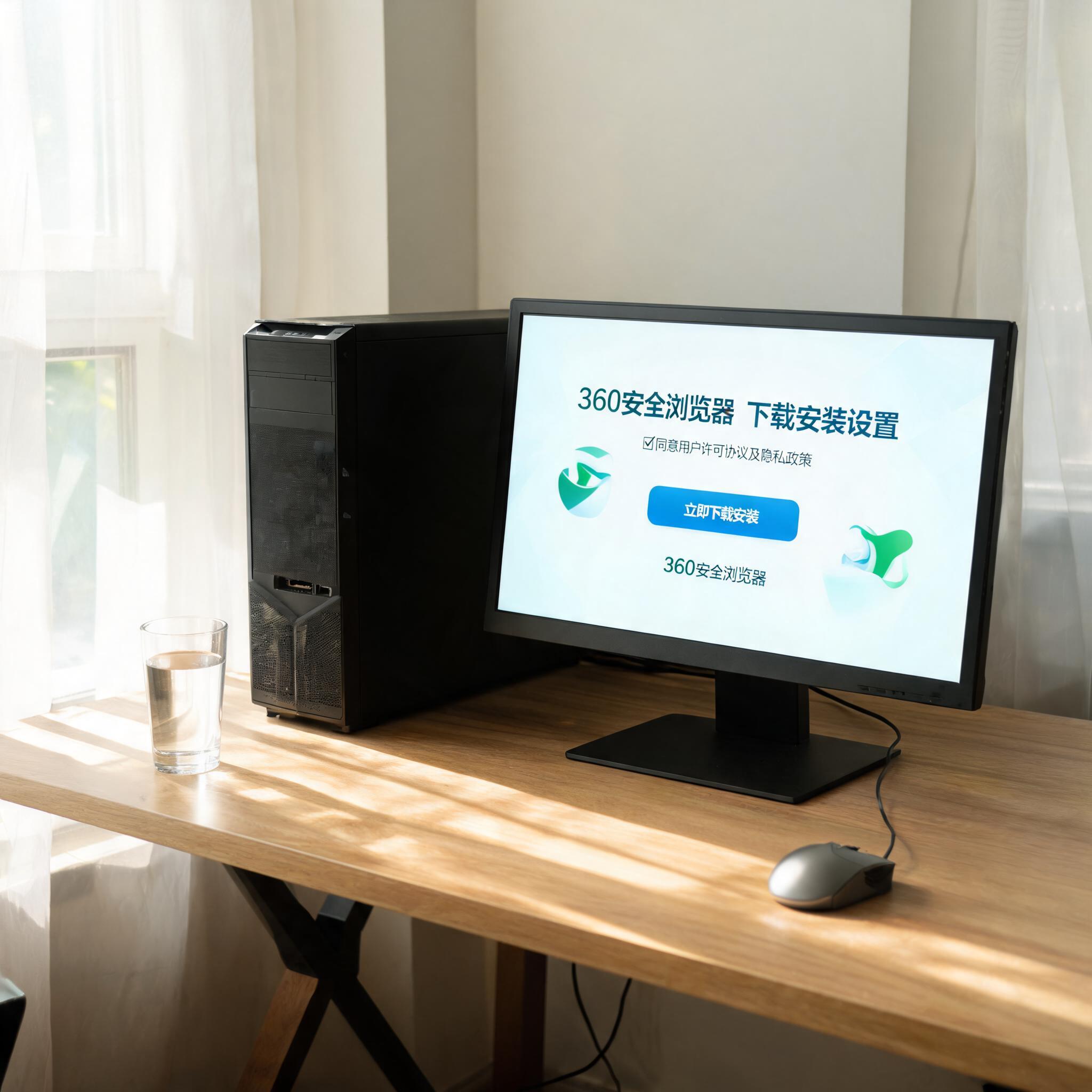 书桌上的主机，屏幕显示360 安全浏览器怎么下载安装设置界面，桌角放着水杯，自然光