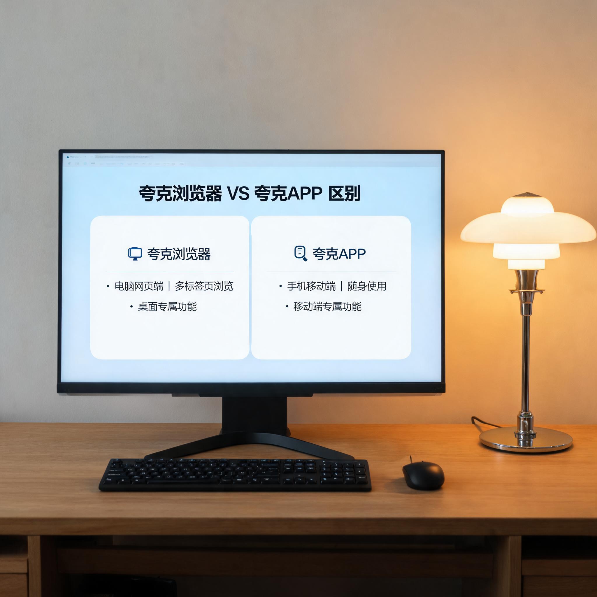 电脑桌上的电脑，屏幕显示夸克浏览器和夸克 APP 区别界面，旁边放着台灯