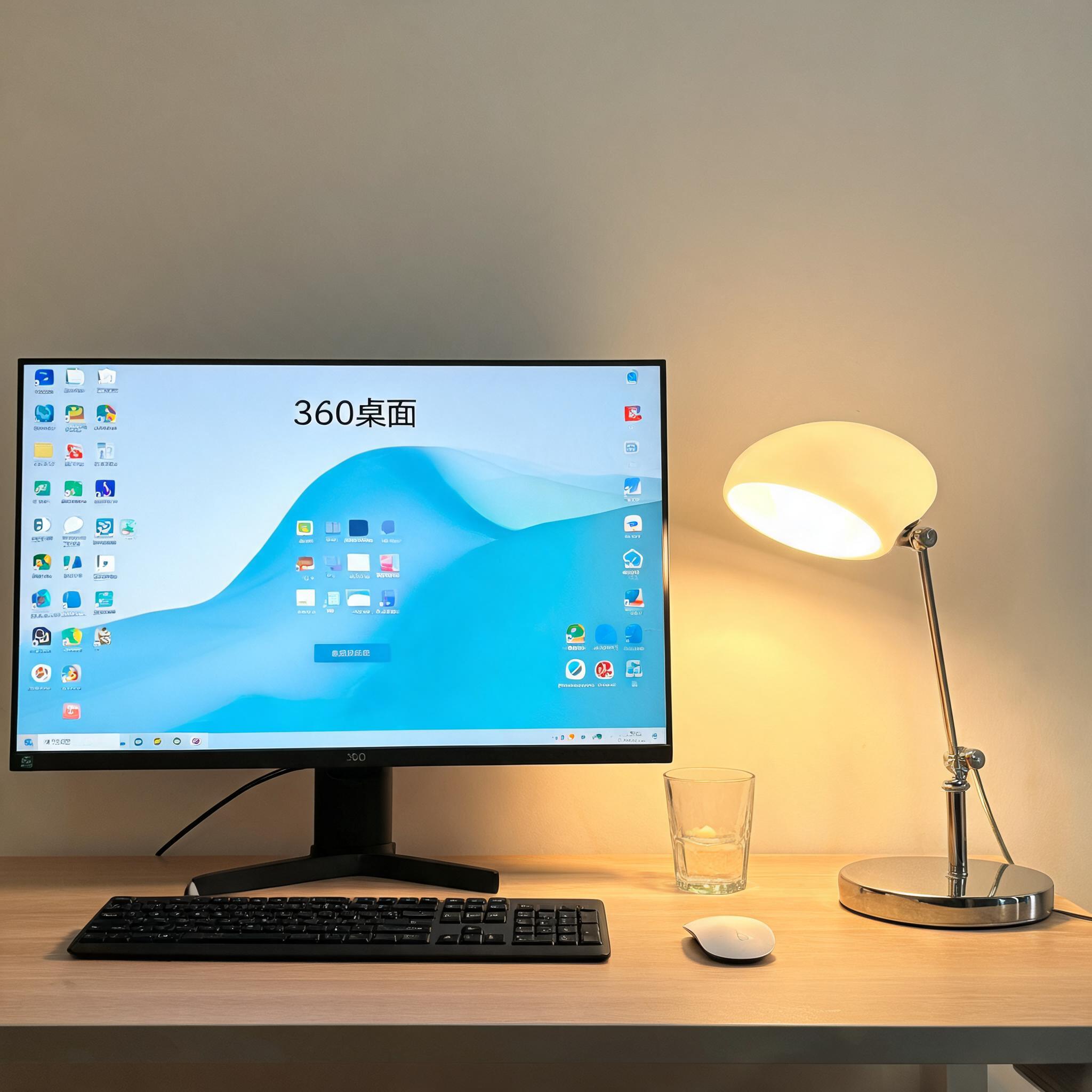 电脑桌上的电脑，屏幕显示360桌面，旁边放着台灯