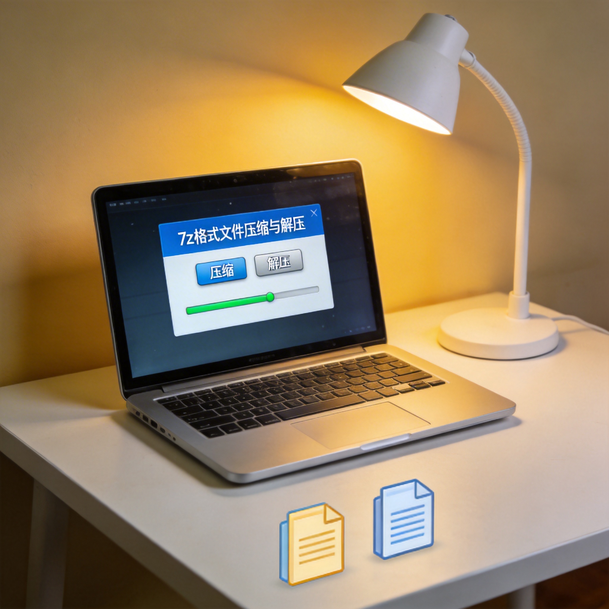 电脑桌上的电脑，屏幕显示7z 格式文件压缩与解压界面，旁边放着台灯