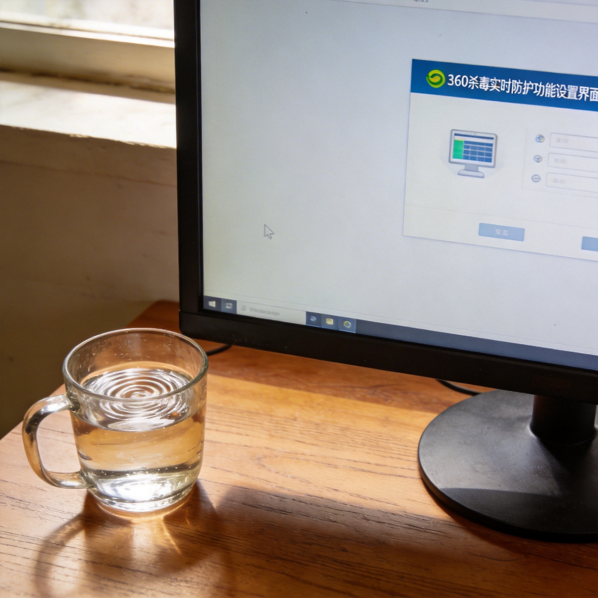 书桌上的电脑，屏幕显示360 杀毒实时防护功能设置界面，桌角放着水杯，自然光
