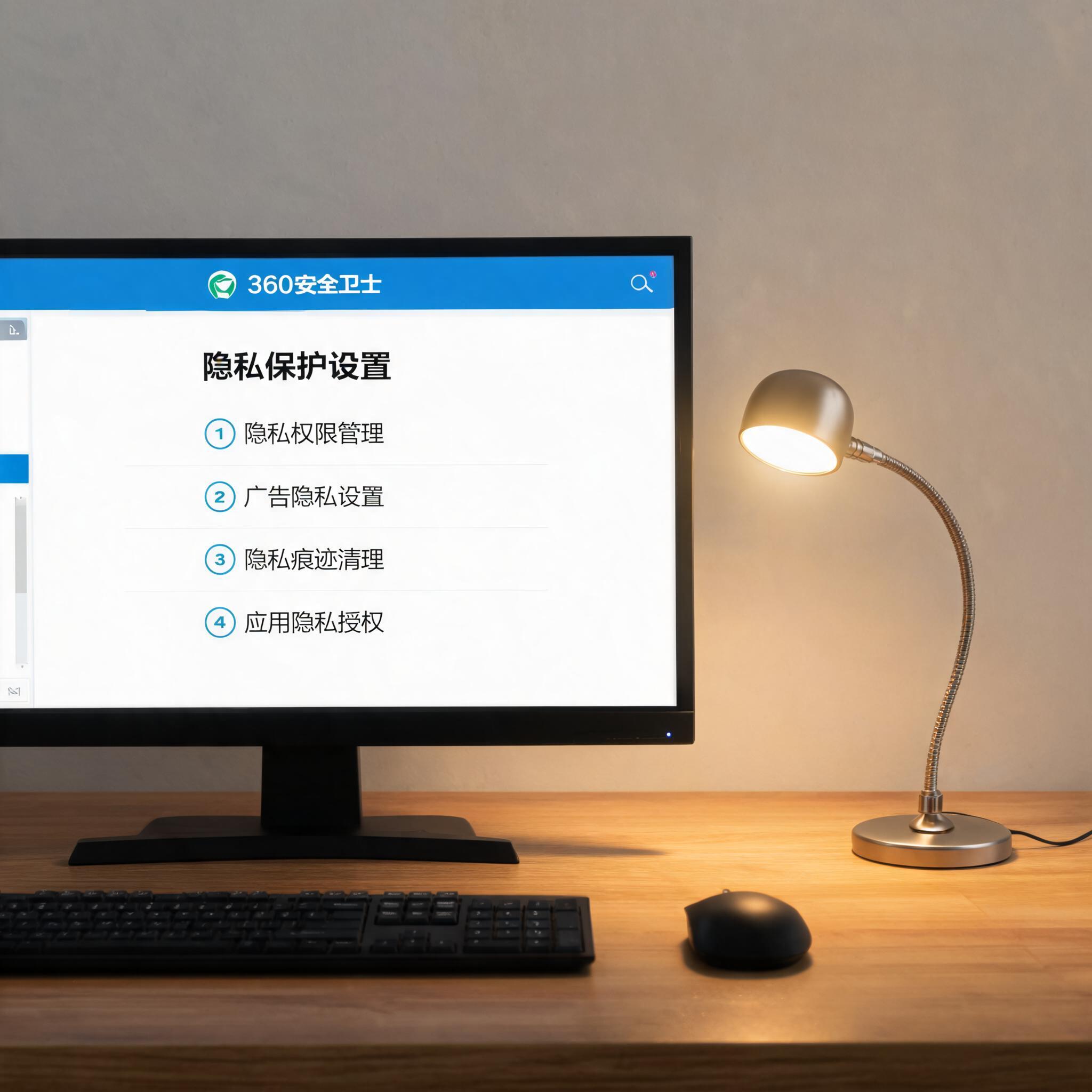 电脑桌上的电脑，屏幕显示360 安全卫士隐私保护设置界面，旁边放着台灯