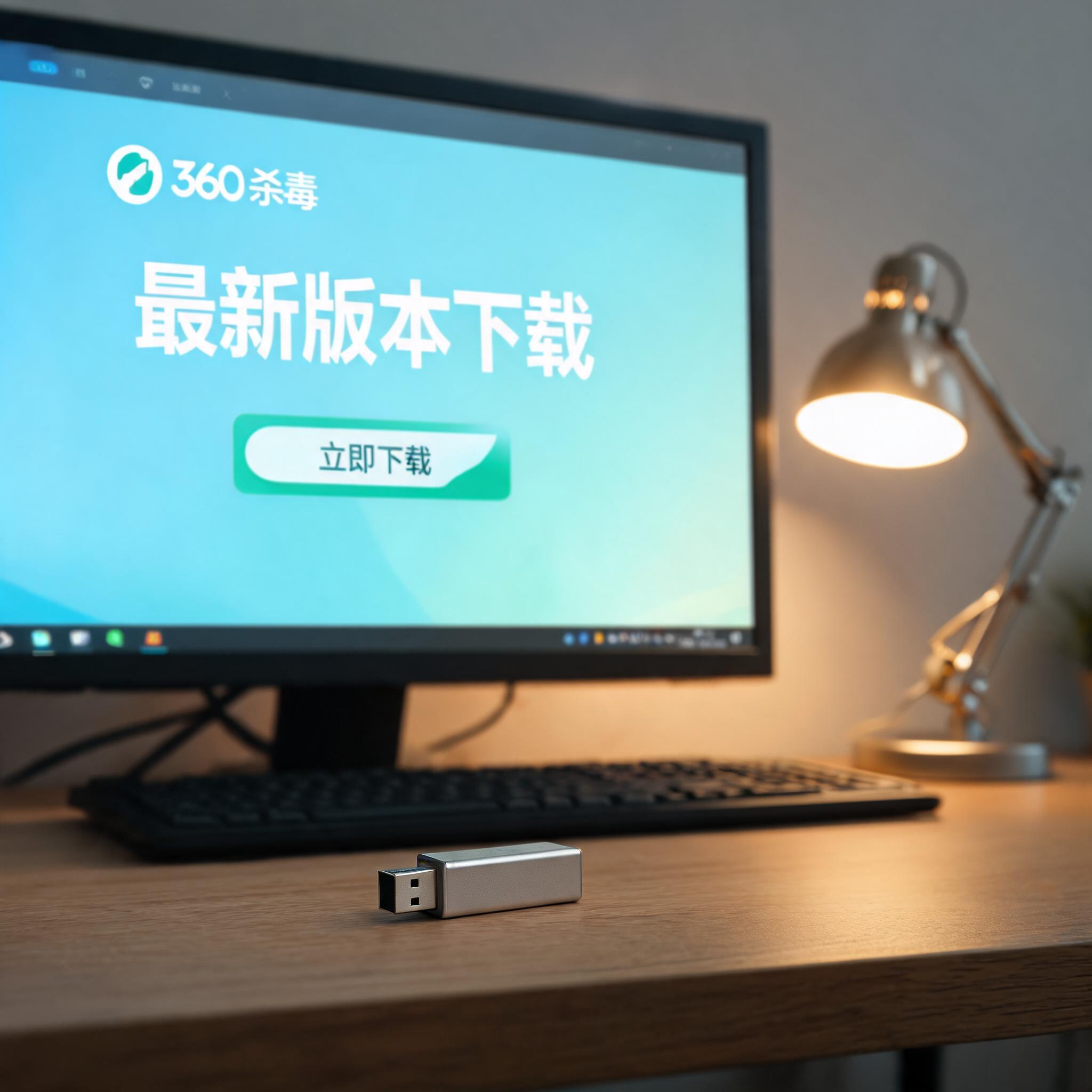 电脑桌上的U盘，屏幕显示360 杀毒最新版本下载界面，旁边放着台灯