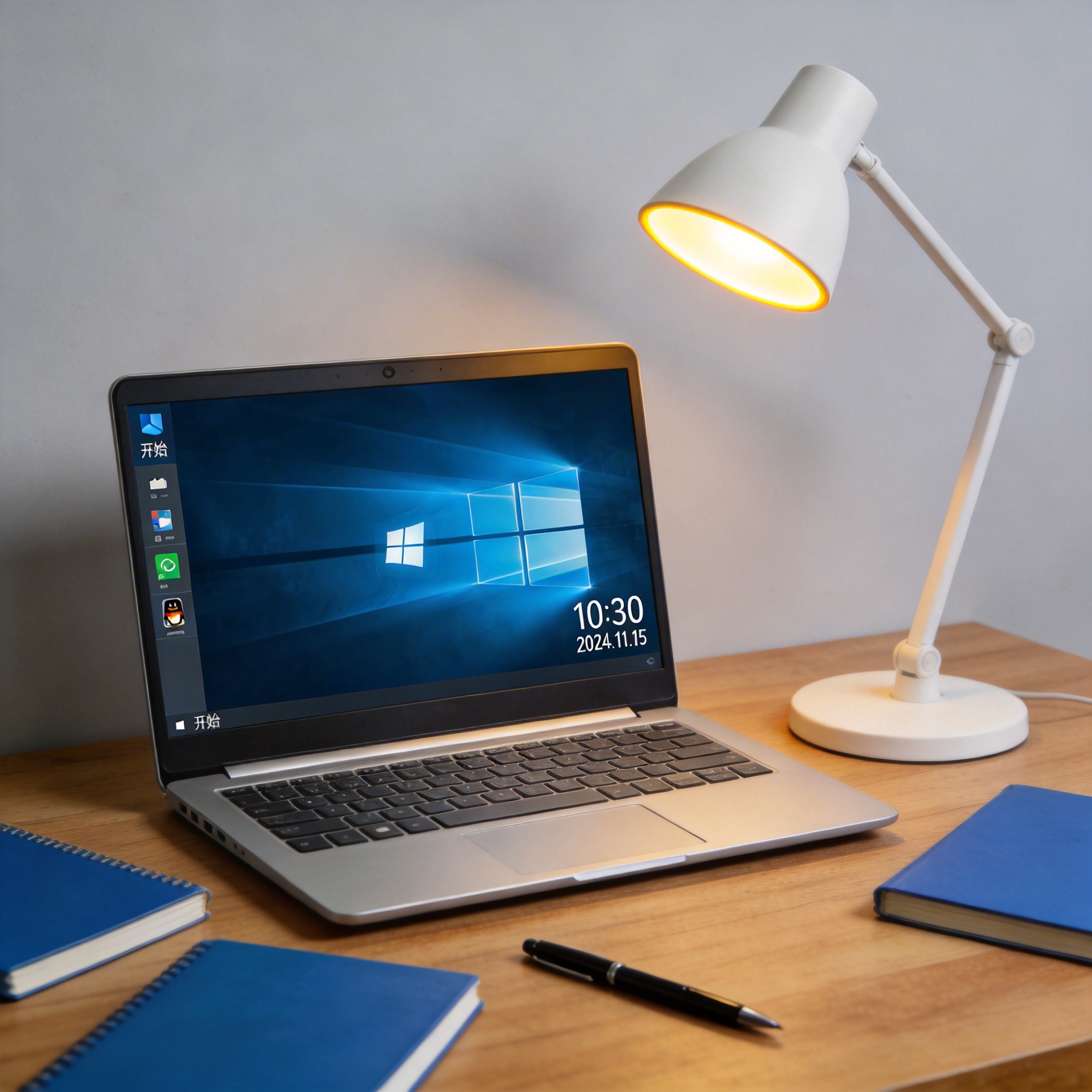 电脑桌上的电脑，屏幕显示Windows界面，旁边放着台灯
