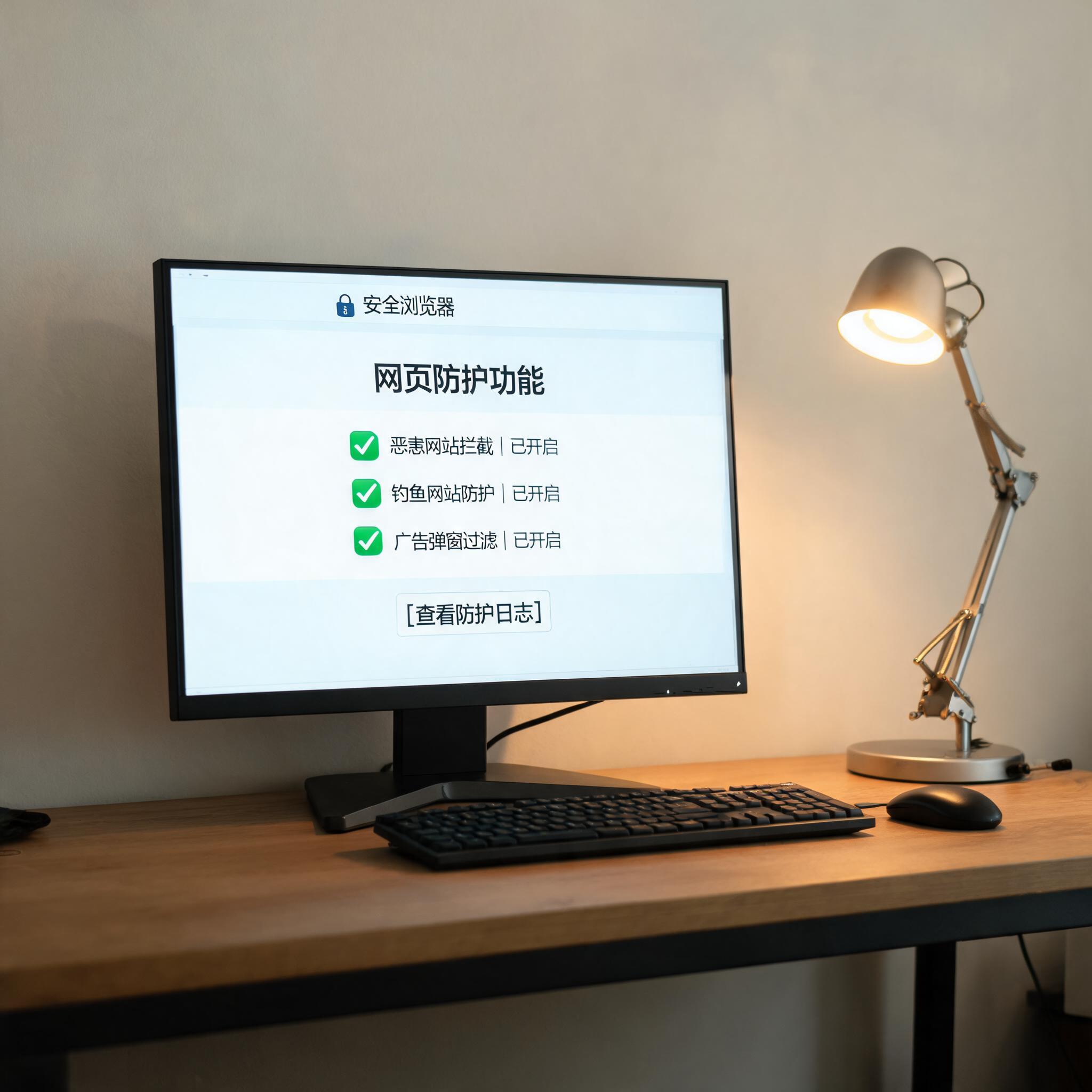 电脑桌上的电脑，屏幕显示安全浏览器网页防护功能界面，旁边放着台灯