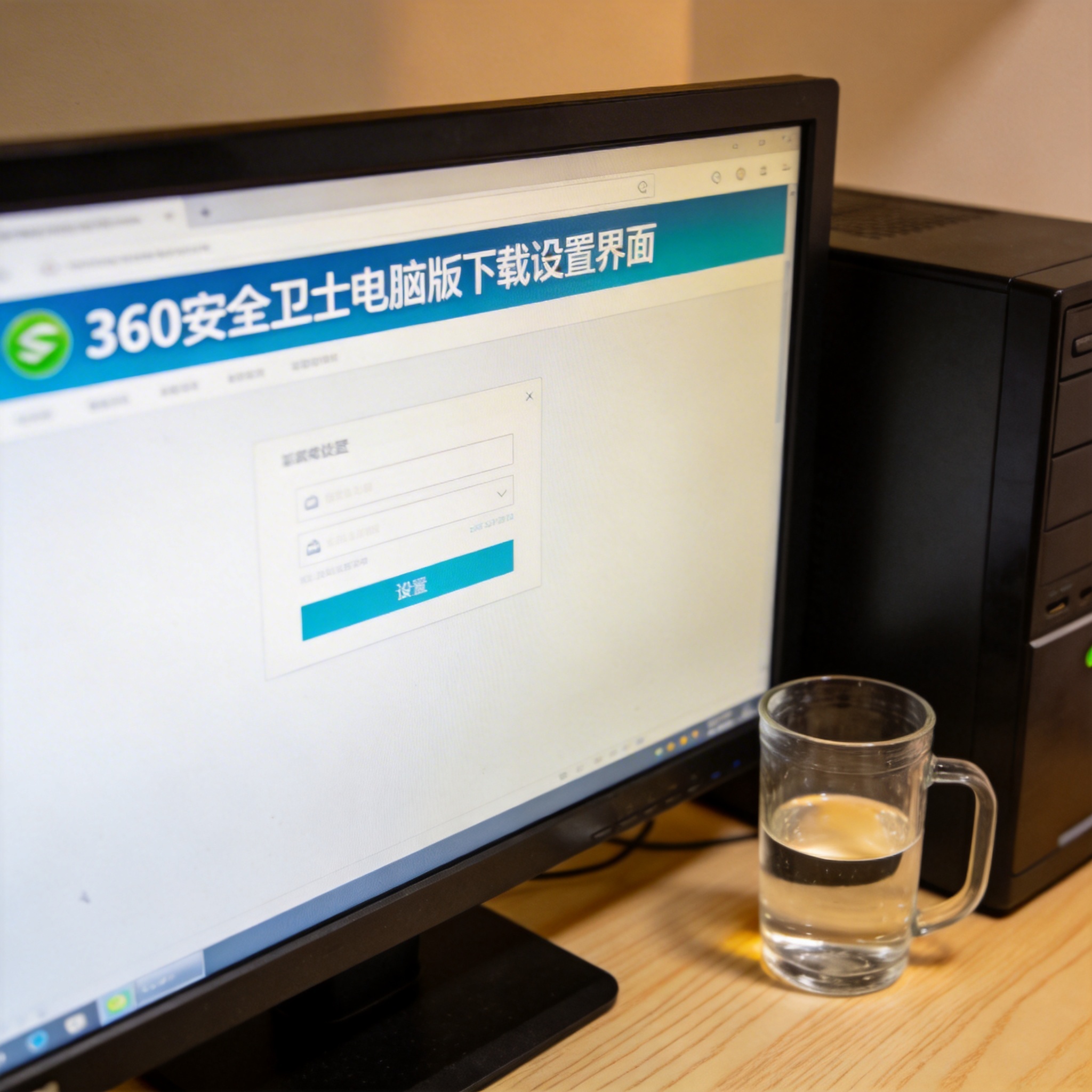 书桌上的主机，屏幕显示360 安全卫士电脑版下载设置界面，桌角放着水杯，自然光