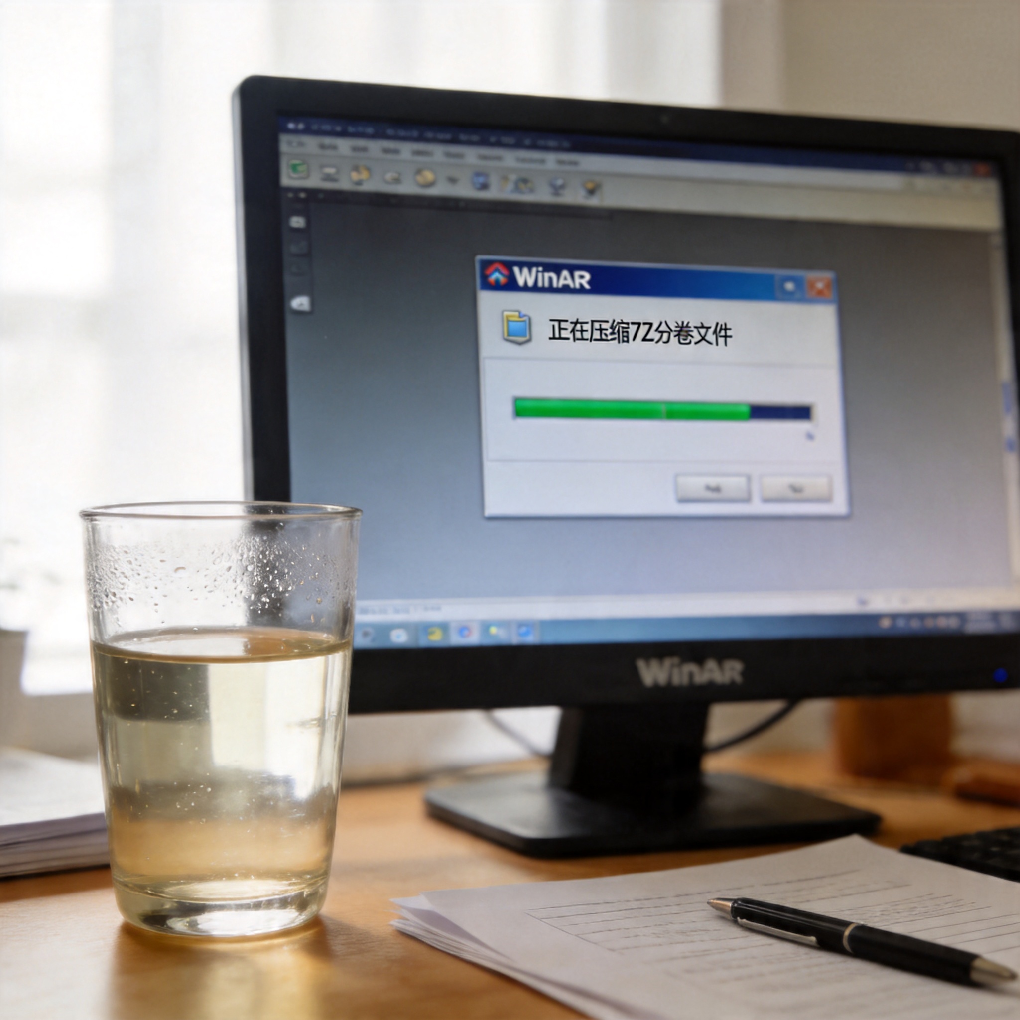 办公桌上的电脑，屏幕显示WinRAR软件界面，正在进行7Z格式文件的分卷压缩，旁边放着半杯温水，室内自然光