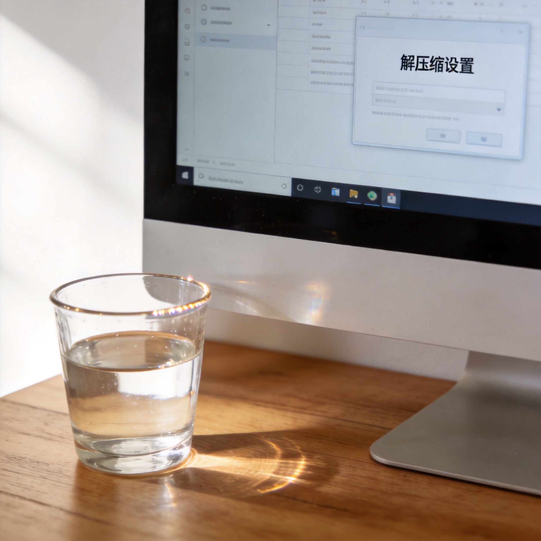 书桌上的主机，屏幕显示解压缩设置界面，桌角放着水杯，自然光