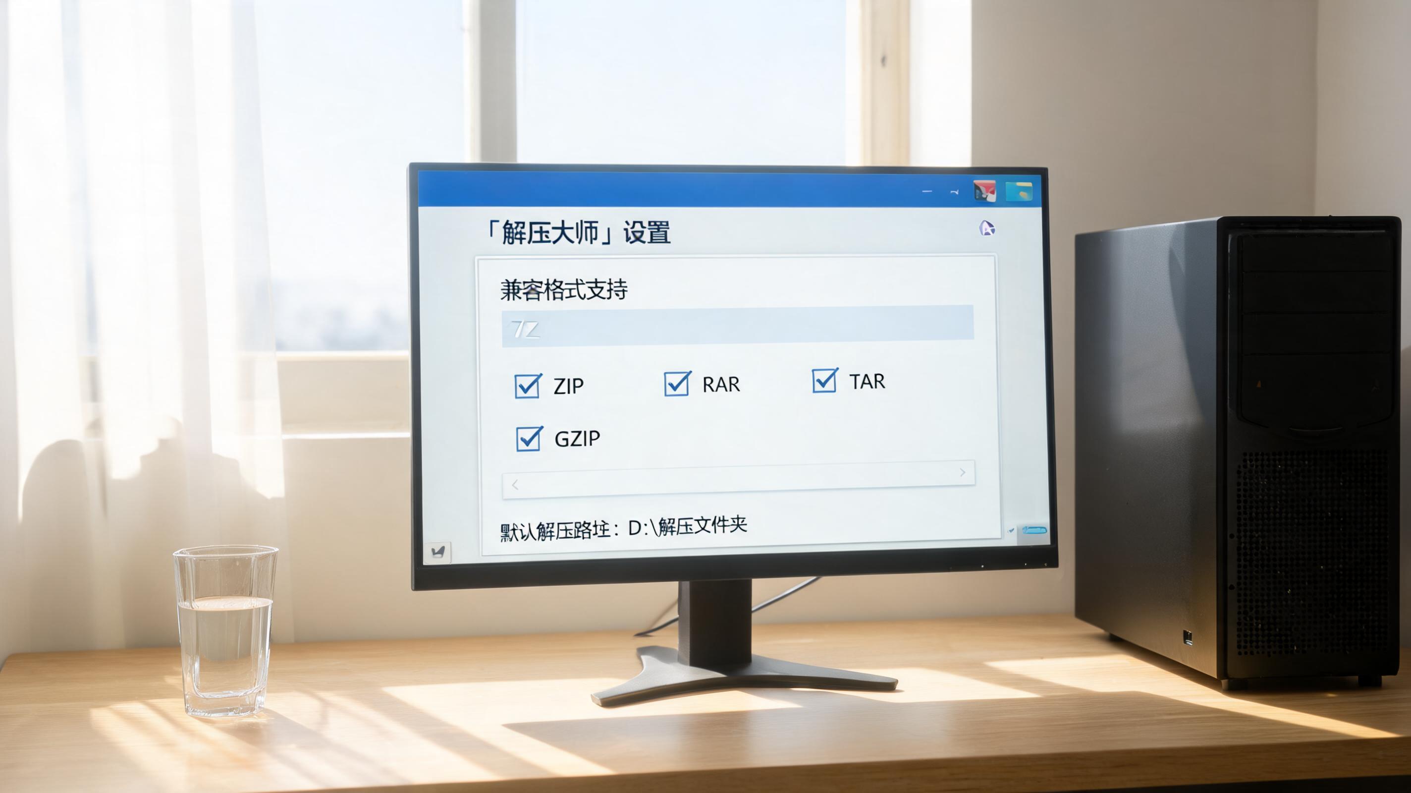书桌上的主机，屏幕显示多格式兼容解压缩软件设置界面，桌角放着水杯，自然光