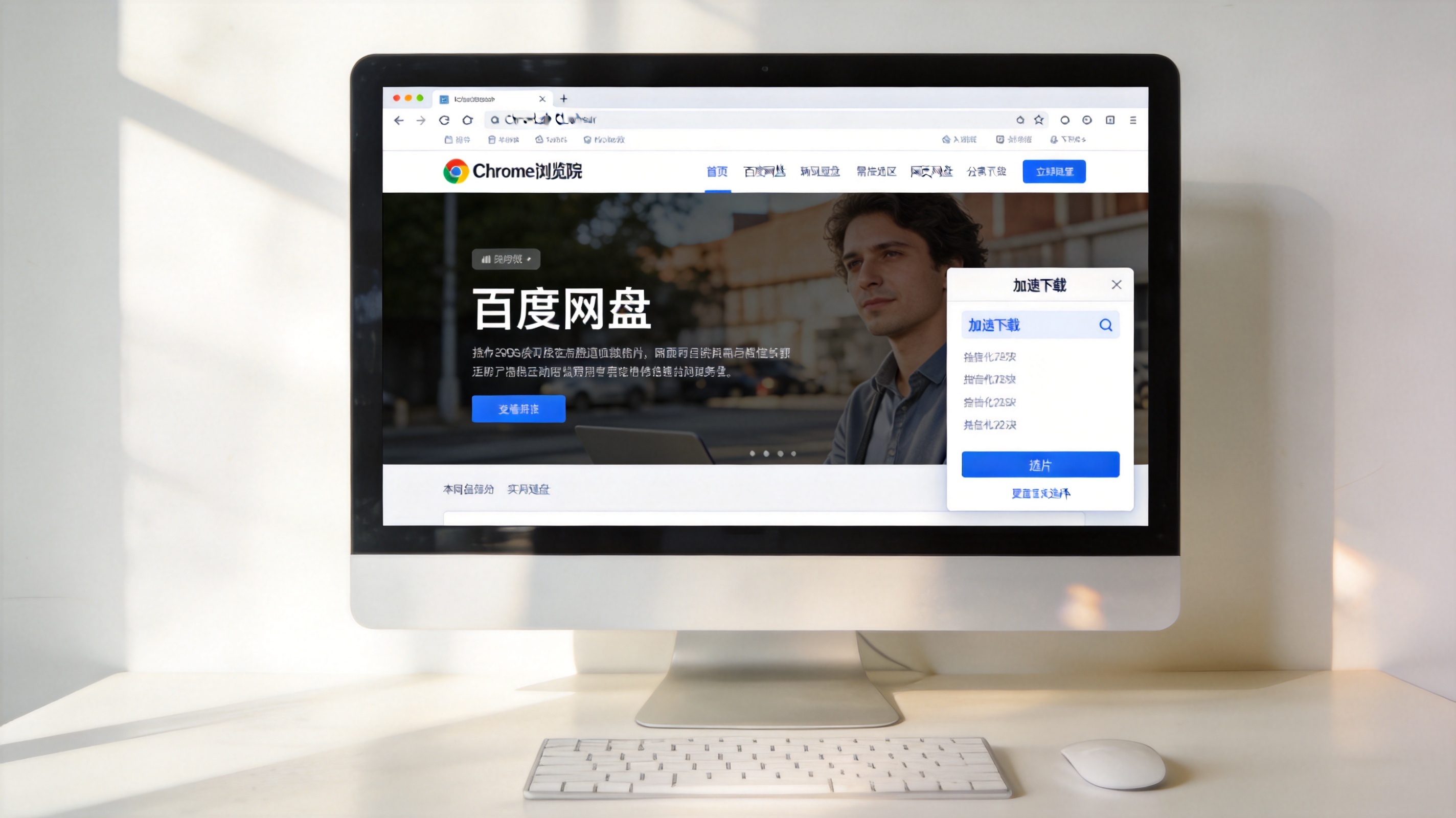 电脑桌面，屏幕显示Chrome浏览器的百度网盘网页版界面，右侧弹出插件的加速下载选项，室内自然光