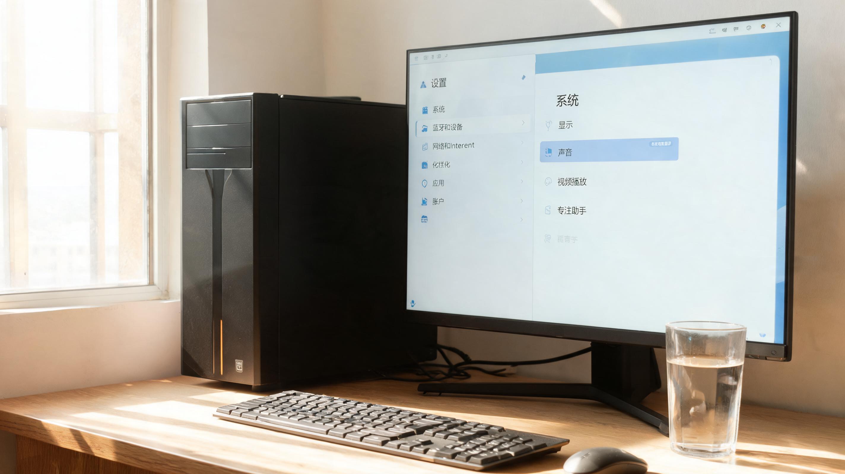 书桌上的主机，屏幕显示Windows设置界面，桌角放着水杯，自然光