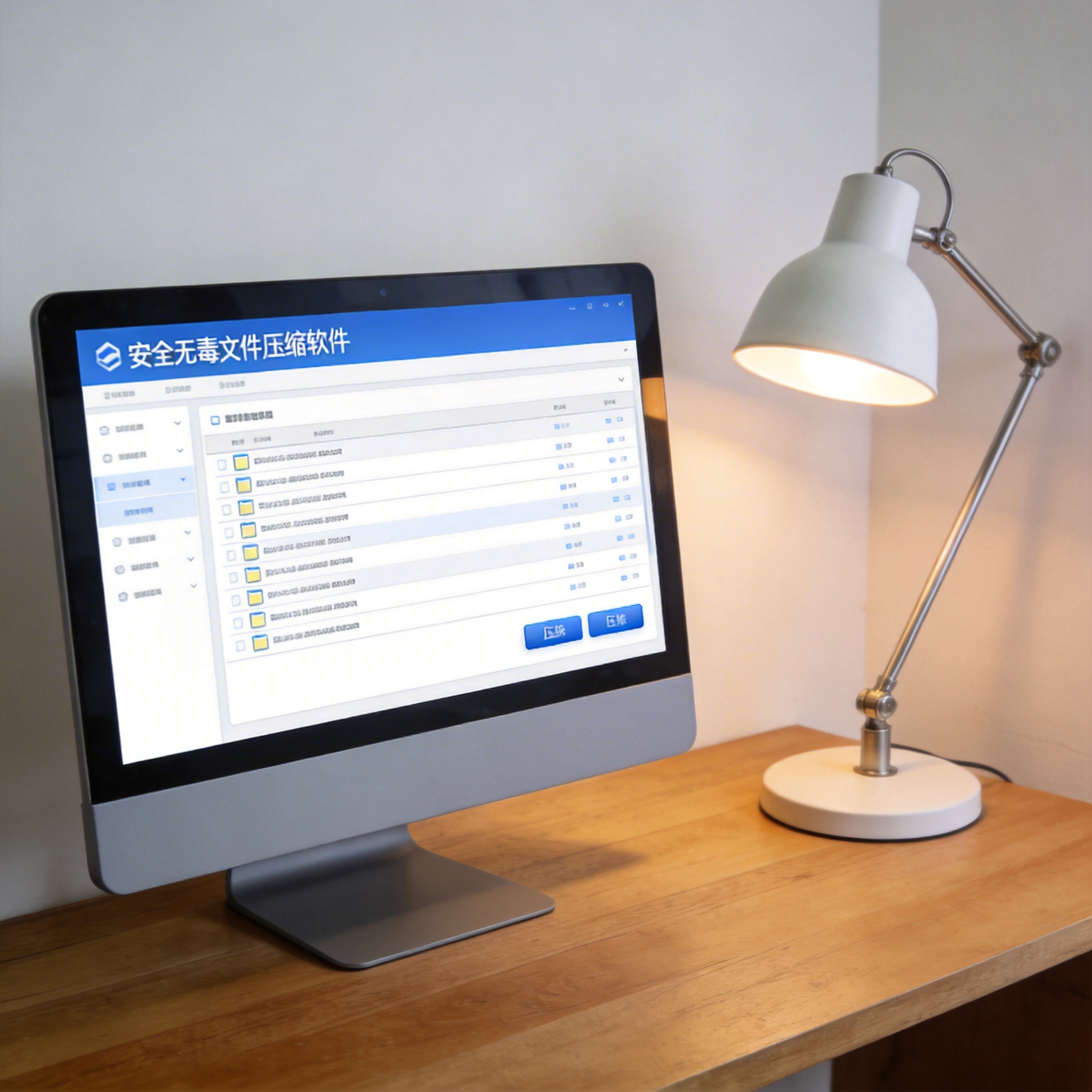 电脑桌上的电脑，屏幕显示安全无毒文件压缩软件界面，旁边放着台灯
