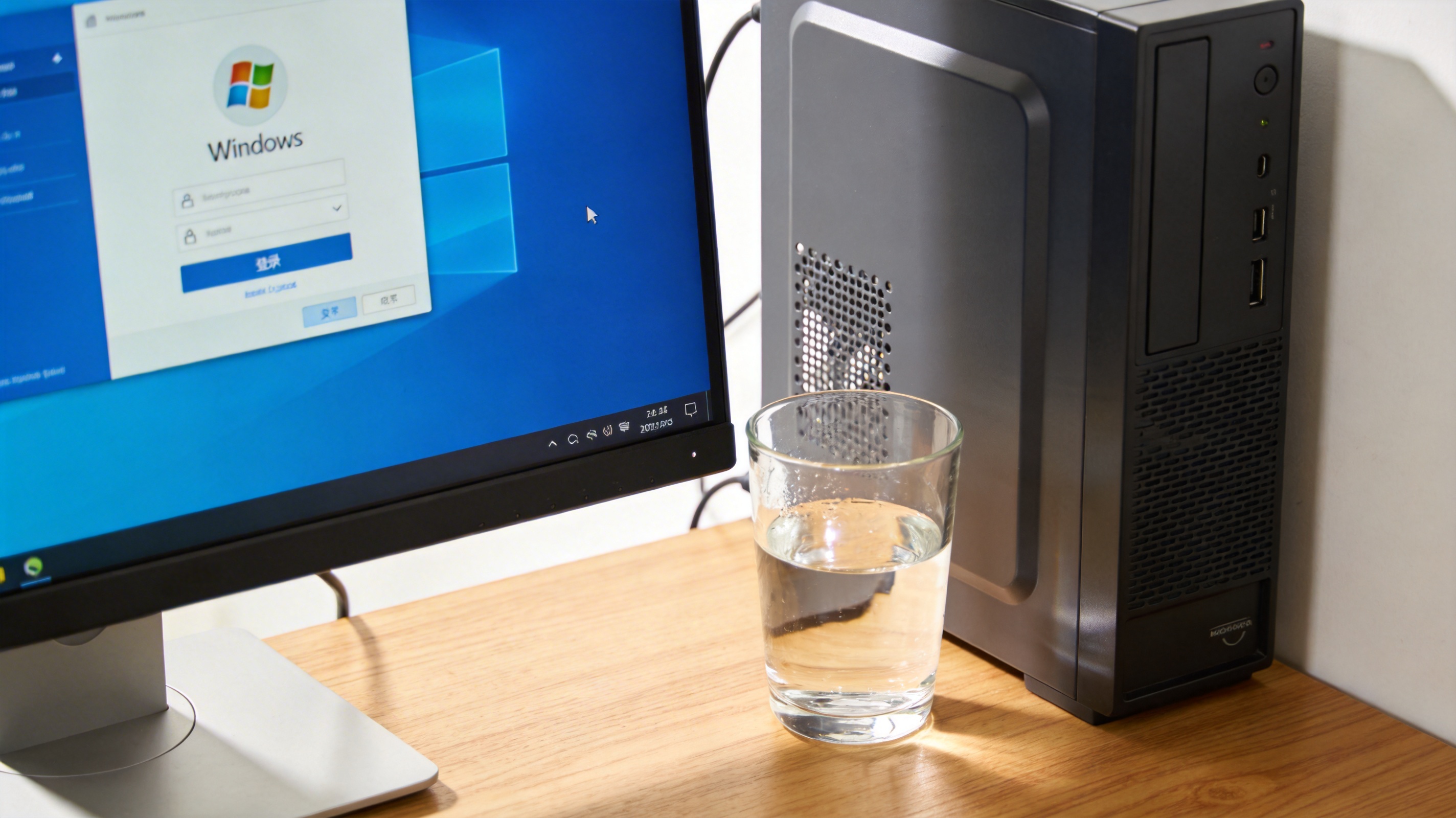 书桌上的主机，屏幕显示Windows设置界面，桌角放着水杯，自然光